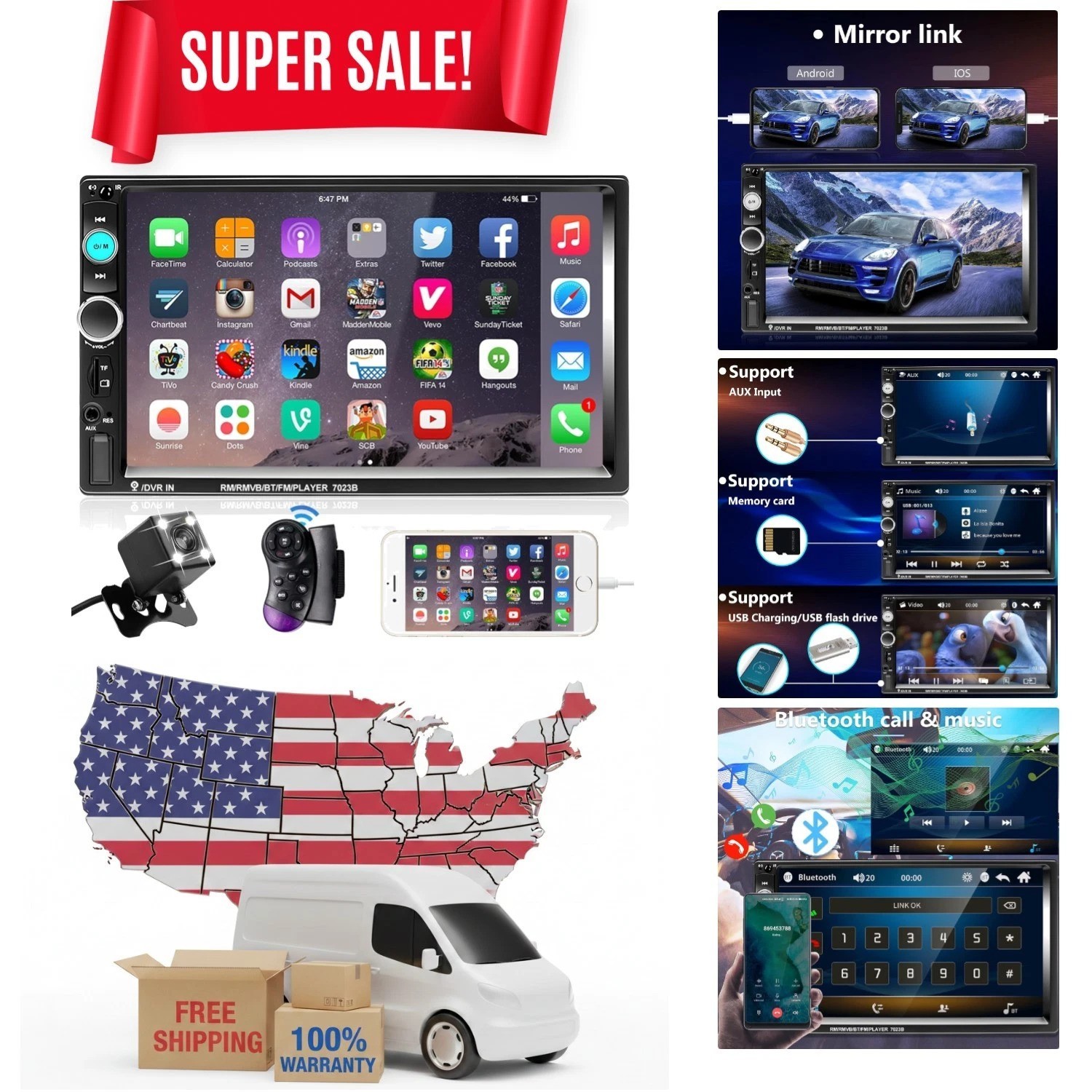 Multimedia Double Din Stereo with 7-Inch Touchscreen & Bluetooth Handsfree