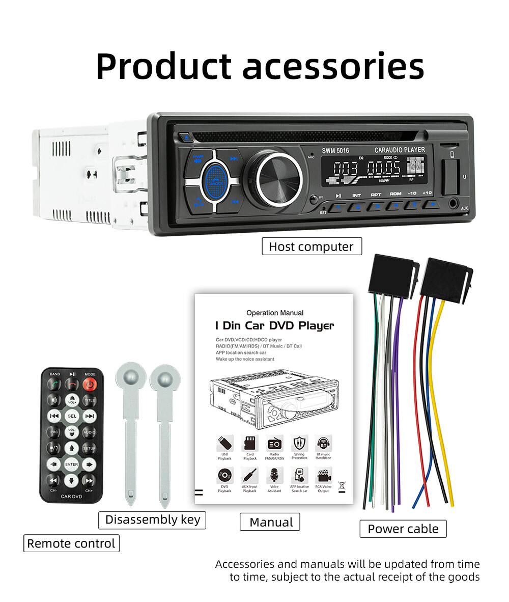Single 1 Din Car Stereo Radio DVD CD Player In-Dash Head Unit Bluetooth FM/AM TF