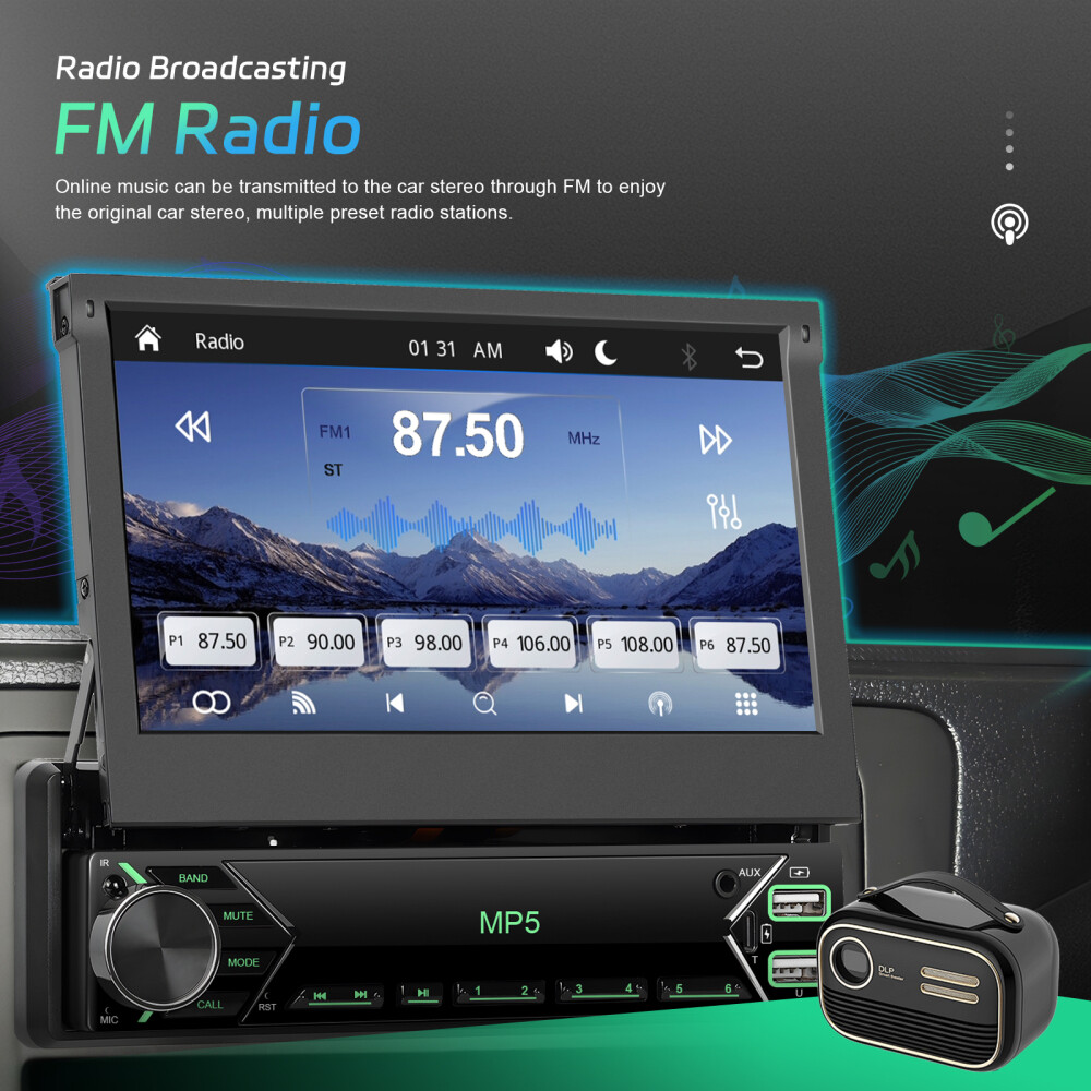 Single 1DIN 7″ Car Stereo Radio Carplay Android Auto Flip Out Touch Screen + Cam