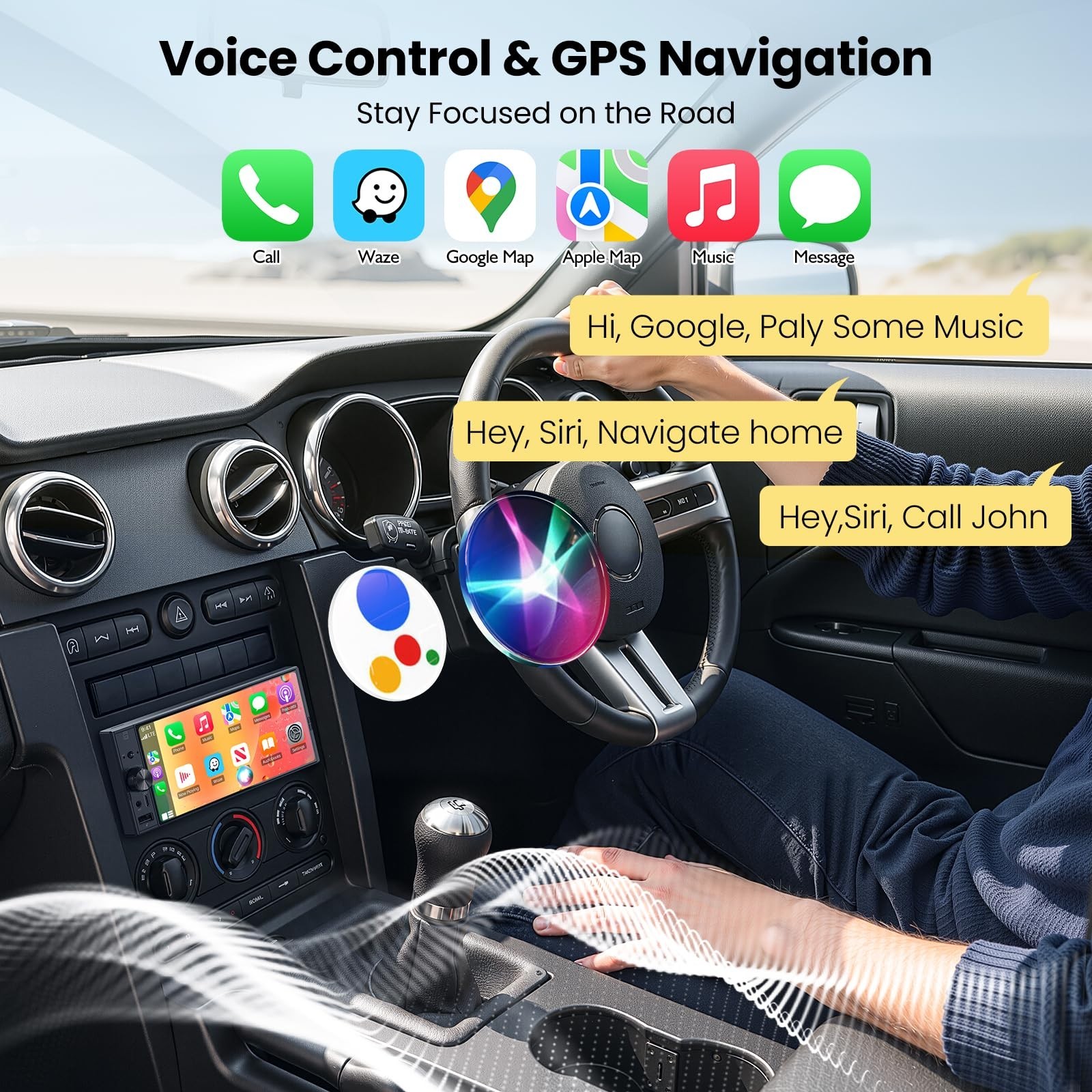 6.9″ Single Din Car Stereo with Apple CarPlay, Android Auto, Bluetooth 5.3, 1080