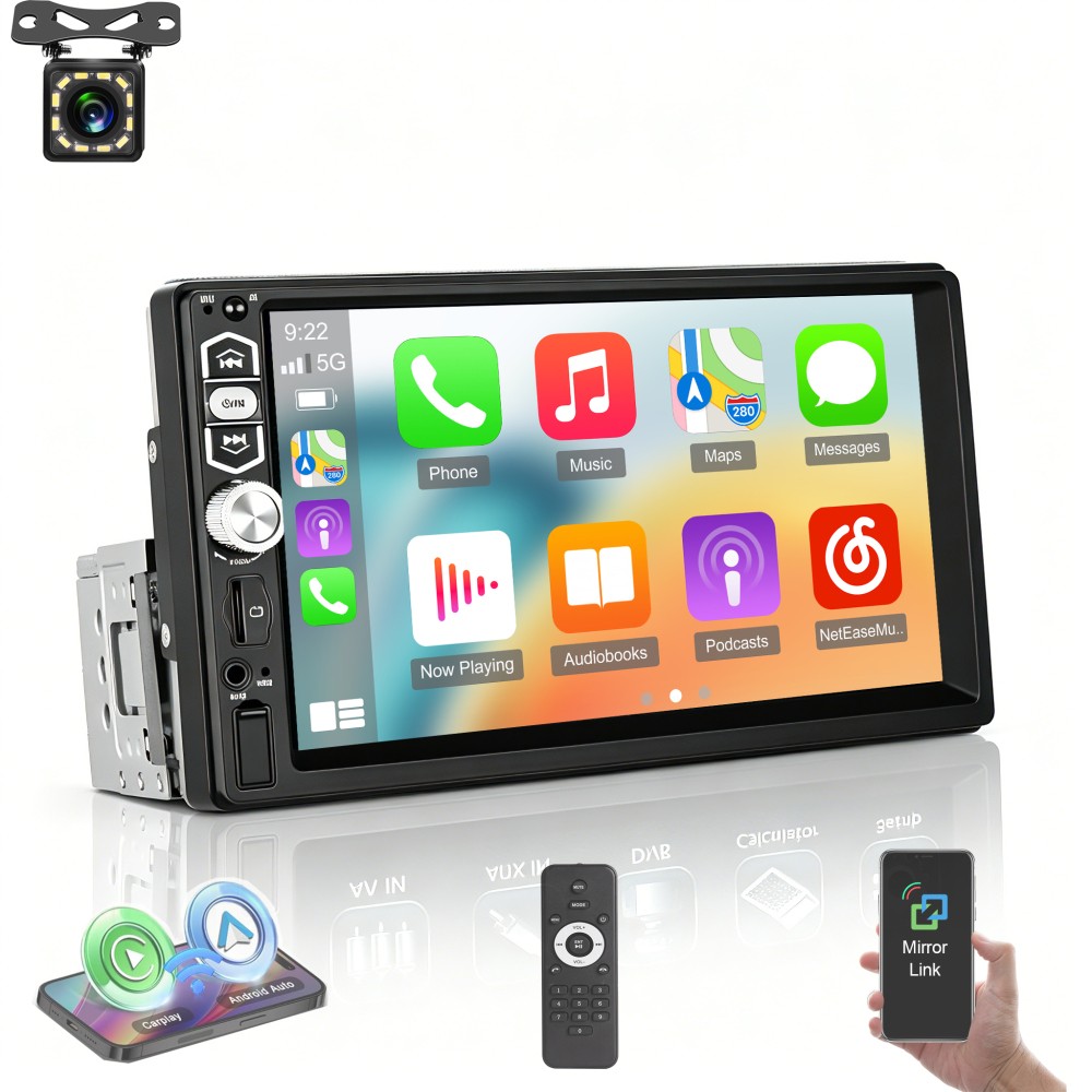 1DIN 7″Car Stereo Touch Screen Apple CarPlay Android Auto Backup Camera Included