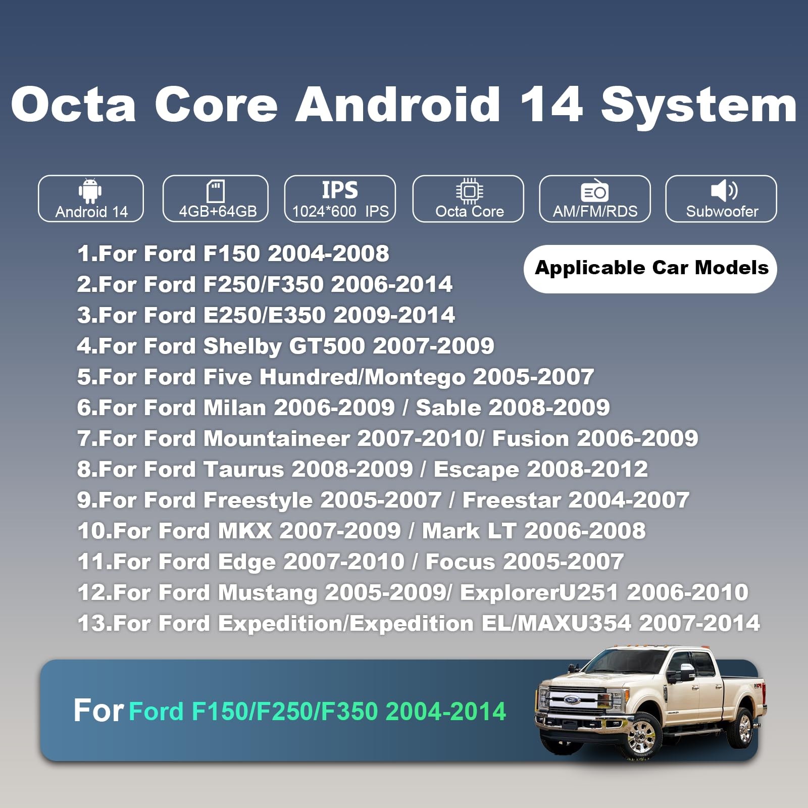 Upgraded Android 14 8 Core 4+64G Car Radio for Ford F150 2004-2008, F250 F350…