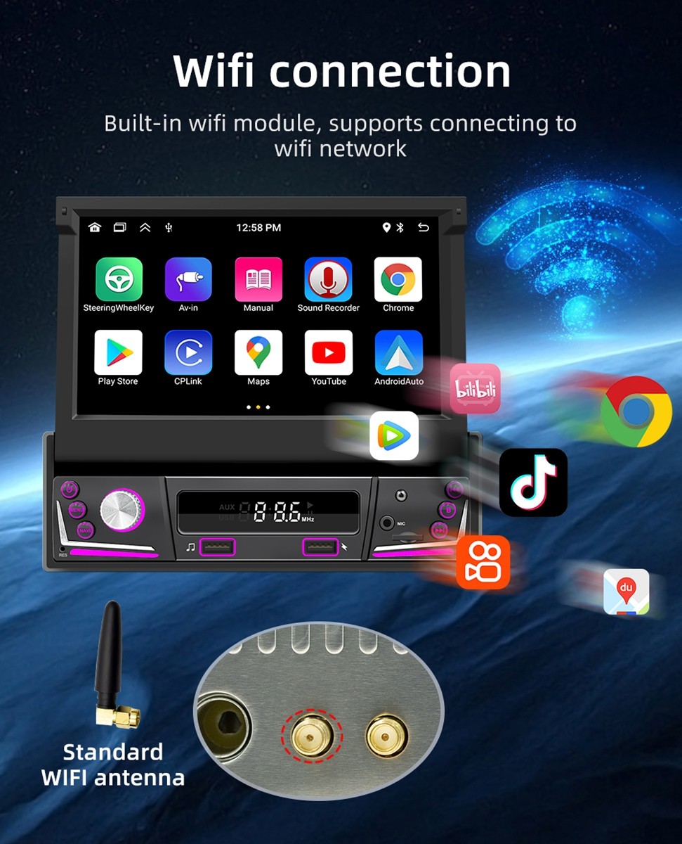 7” Single Din Android 15 Retractable Screen Car Radio GPS WIFI Carplay + Remote