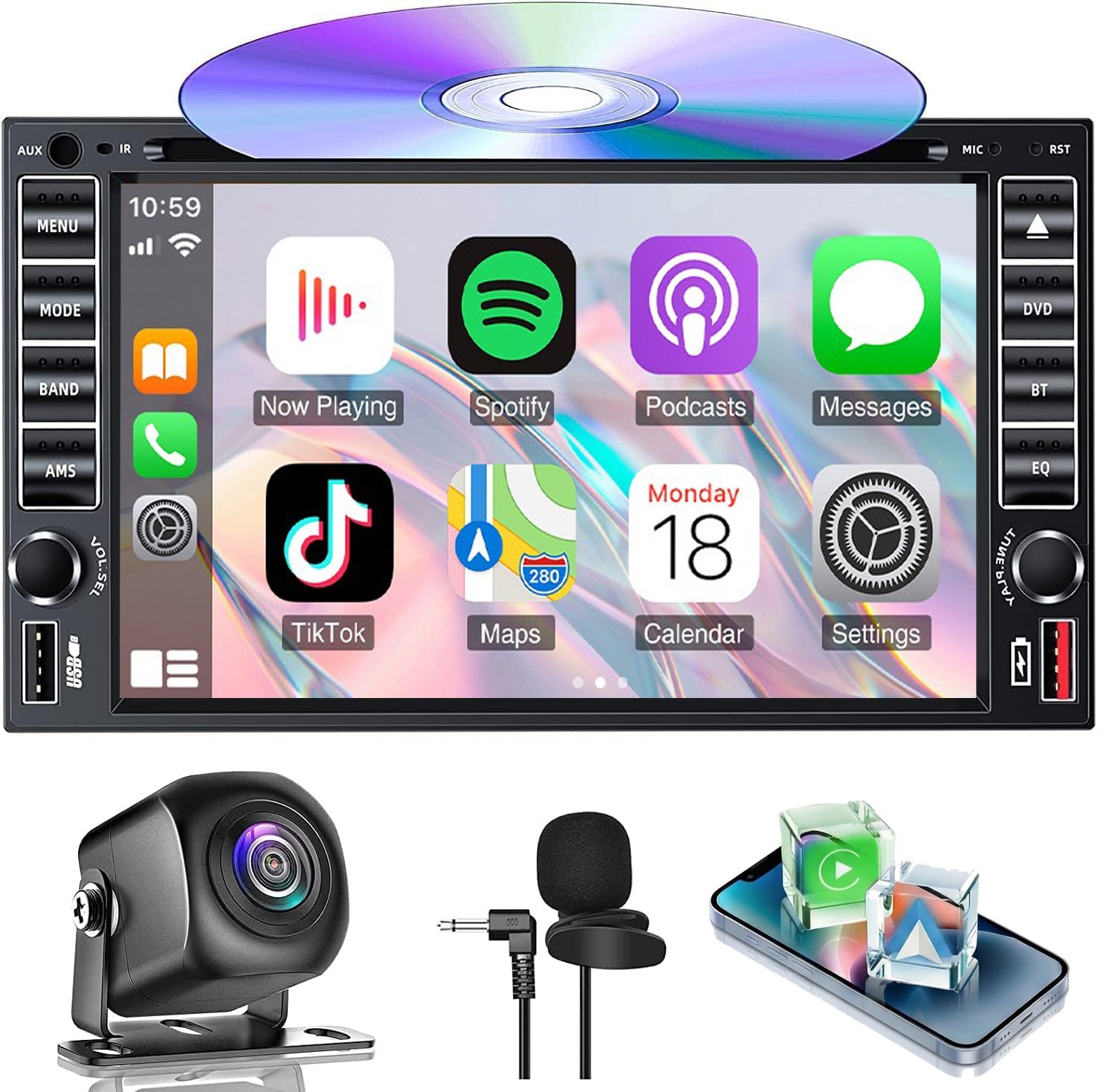 Double Din Car Stereo Radio with CD/DVD Player CarPlay GPS Navi Bluetooth SWC AM