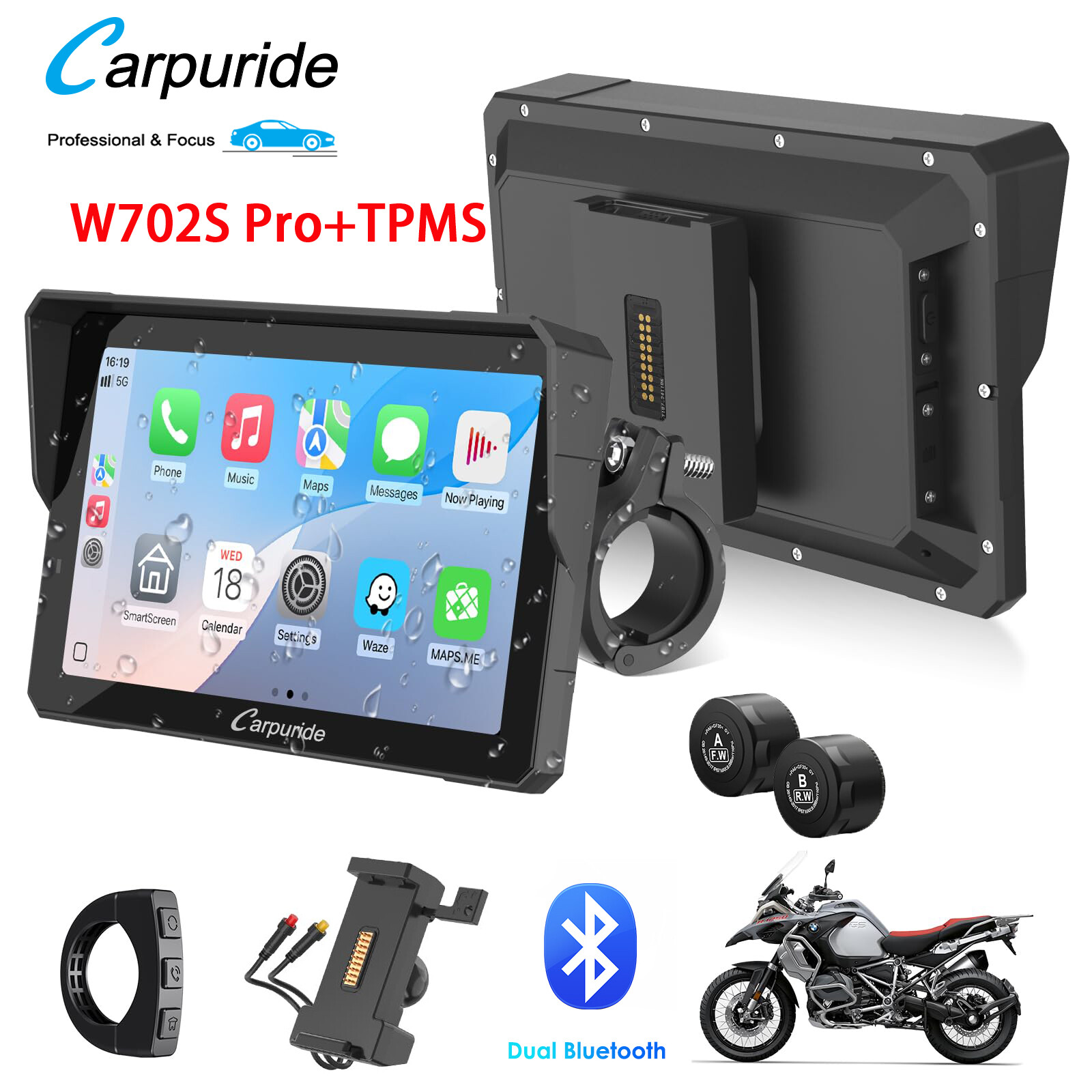 Carpuride W702S Pro Moto TPMS Carplay Screen BM05 Mount Wireless Android Auto BT