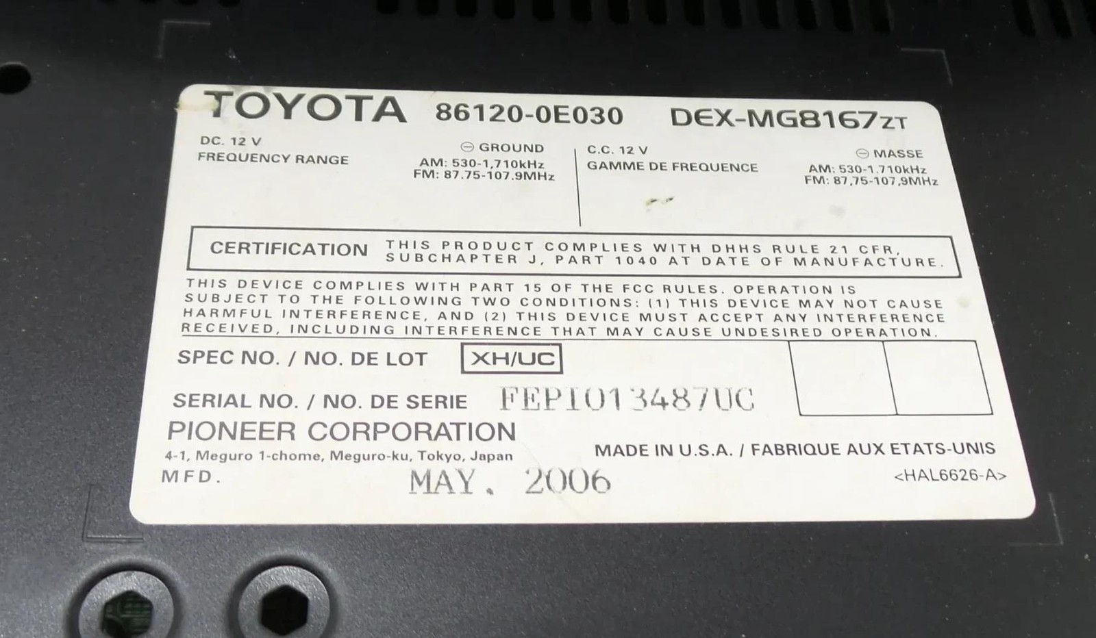 LEXUS AM FM 6 DISC CD Player Radio Receiver OEM 86120-0E030