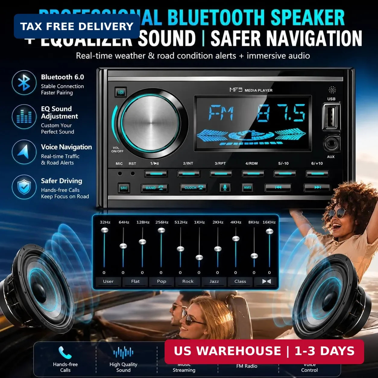 Double DIN Bluetooth Car Stereo Audio Head Unit Hand-Free FM Radio USB AUX Input