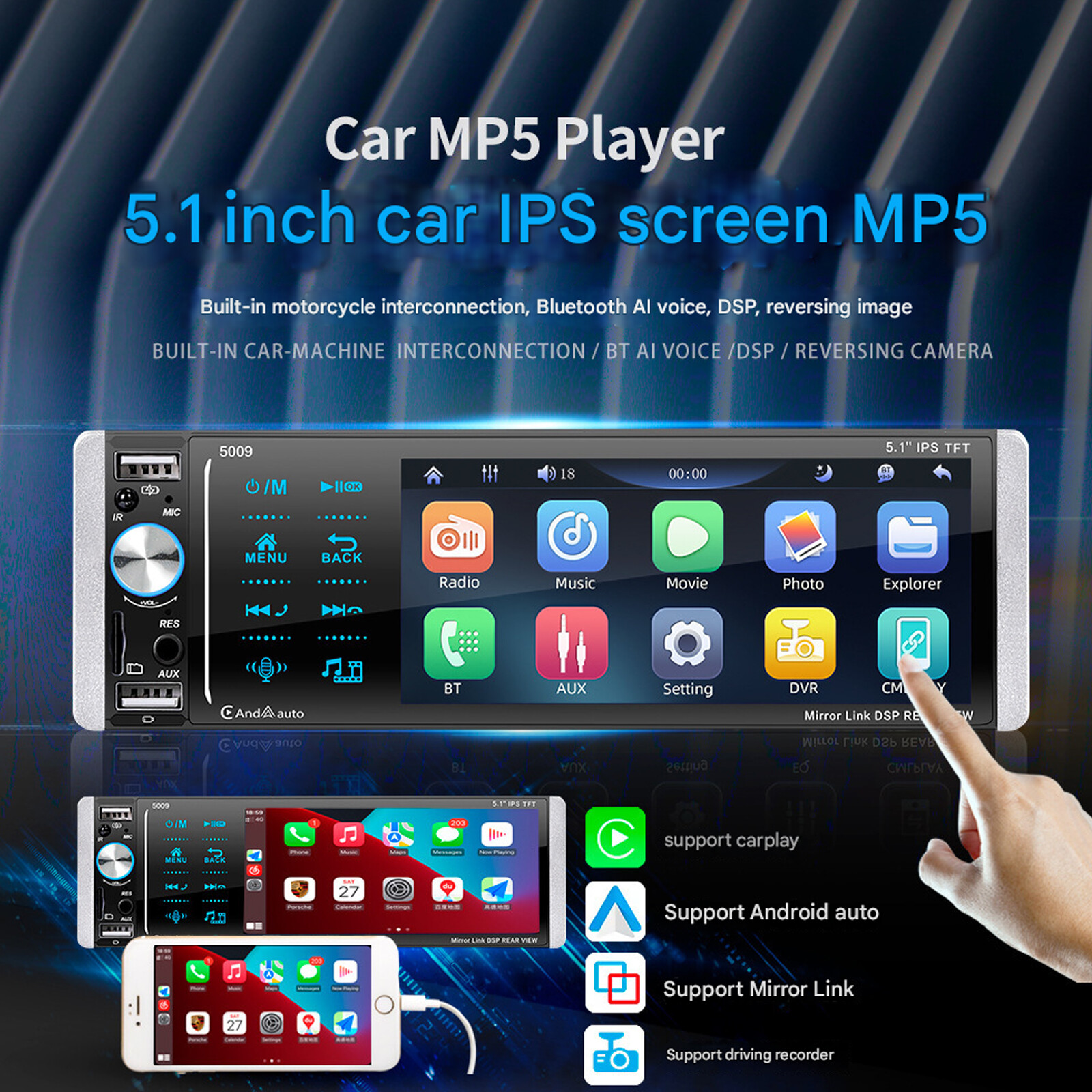 1Din 5.1in Car Radio MP3 USB AUX AM/FM Digital Media Stereo Receiver Mirror Li40
