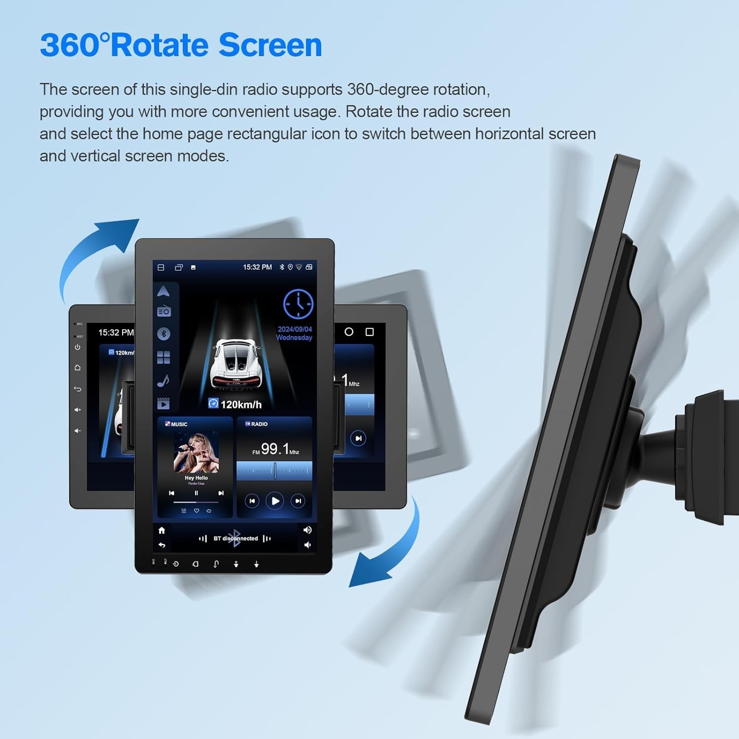 10.1″ Rotatable Touch Screen Car Stereo Single Din – Android 13, Wireless Car…