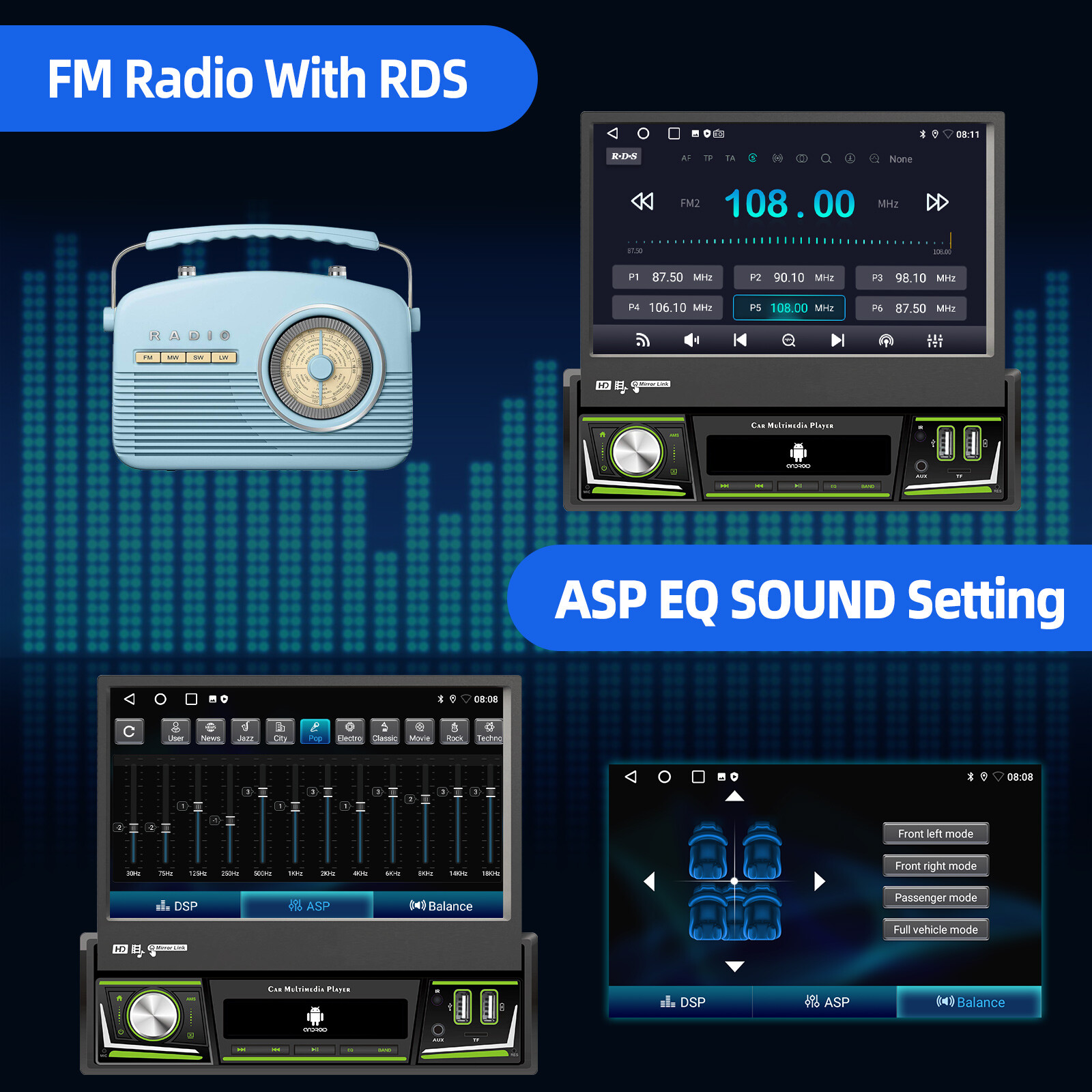 4+64G 1 DIN 7″ Flip Out Android 13 Carplay Car Stereo Radio GPS Navi WIFI FM Cam