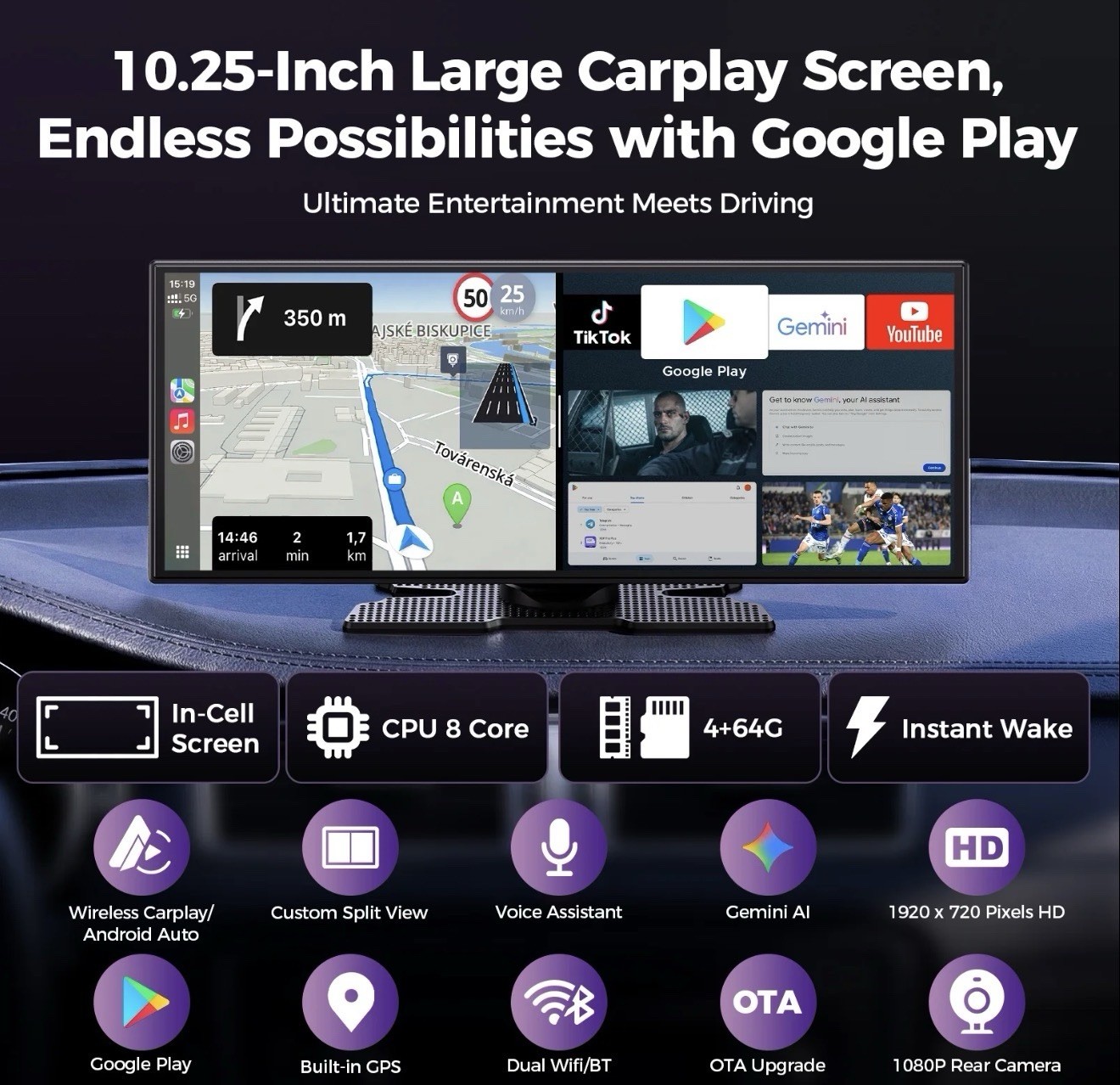 10.25″ Touch Screen Wireless Carplay Portable Car Stereo with Netflix YouTube
