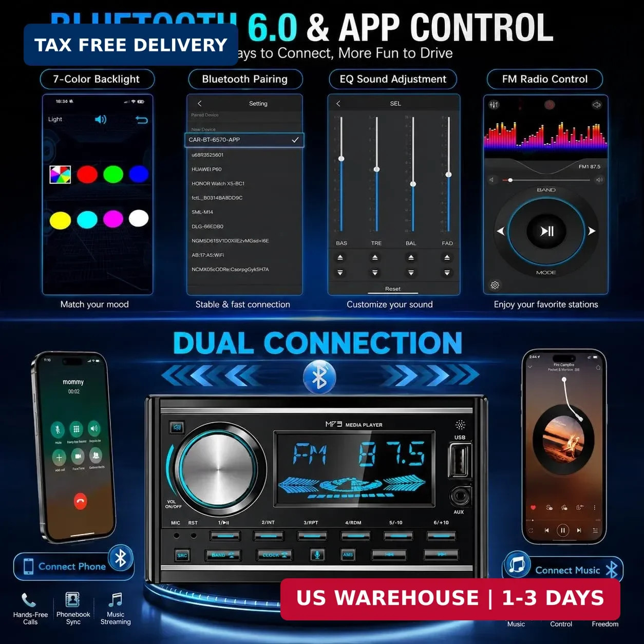 Double DIN Bluetooth Car Stereo Audio Head Unit Hand-Free FM Radio USB AUX Input