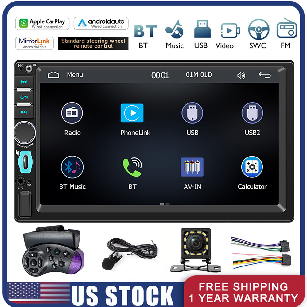 7″ Double DIN Apple CarPlay Android Auto Car Stereo Radio Bluetooth with Camera