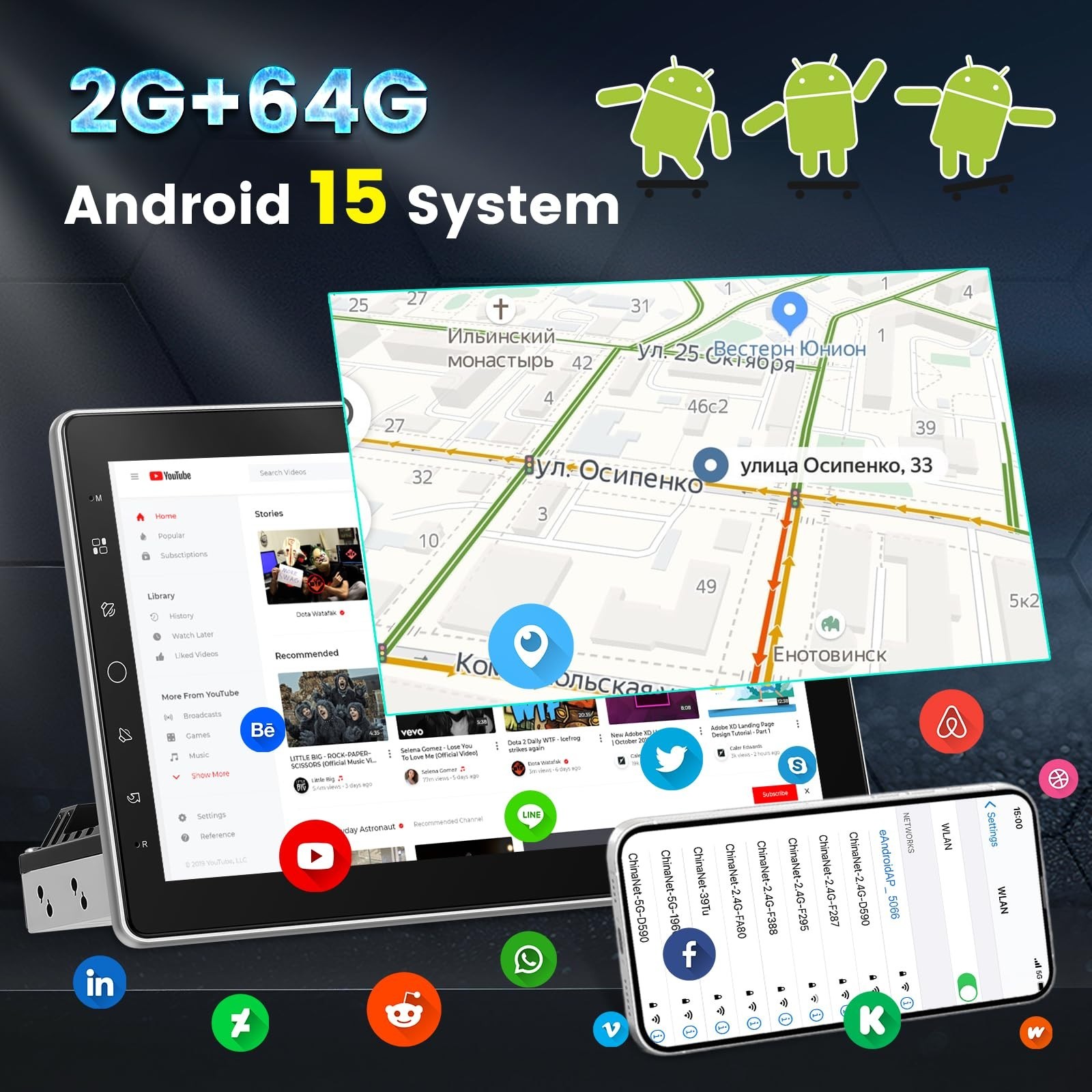 10.1” Android Single Din Car Stereo – 1280×720 Touchscreen, Wireless Carplay, G