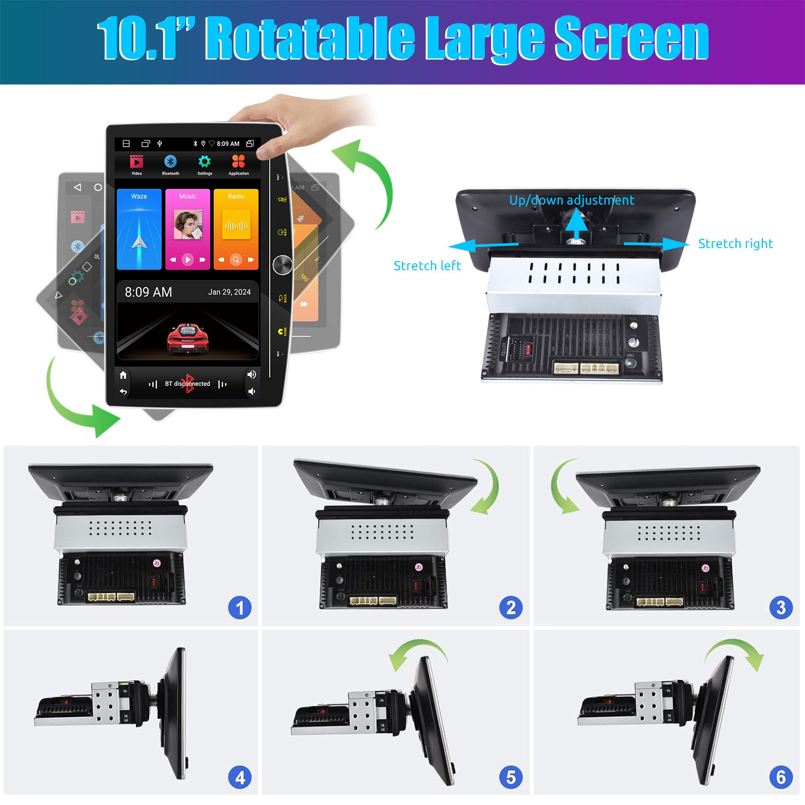 Single 1Din Rotatable 10.1” Apple Carplay Android 14 Car Stereo Radio GPS Wifi
