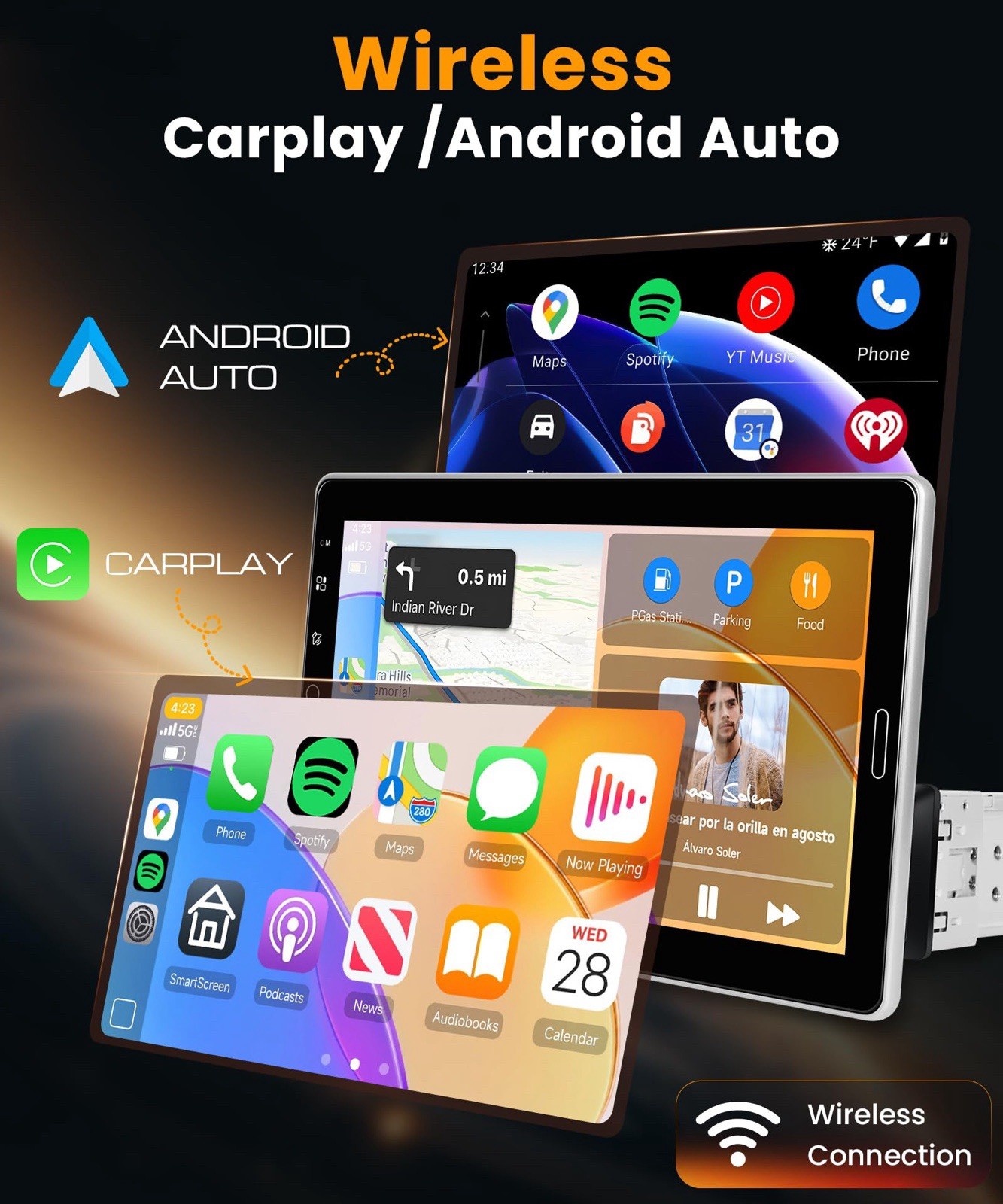 10.1″ Single DIN Car Stereo Wireless CarPlay Android Auto BT 5.2 HD Touchscreen
