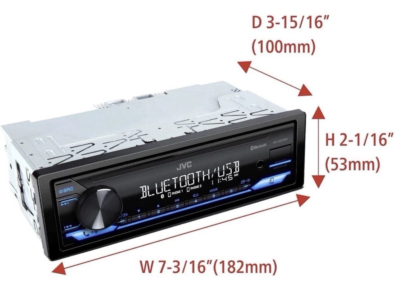 JVC KD-SX27BT Bluetooth Car Stereo 100W AM/FM Aux USB 1.5A Single DIN Head Unit