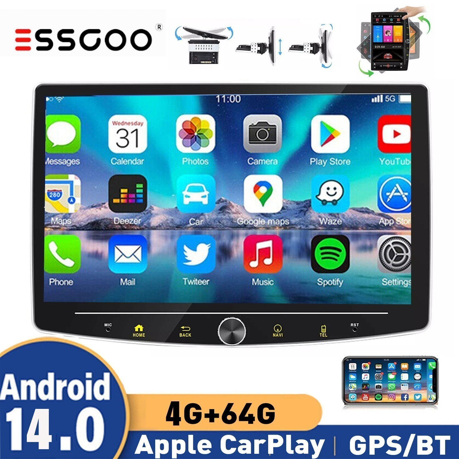 Android 14 Carplay 4+64G 10.1″ Car Stereo GPS WIFI Bluetooth BT Rotatable Screen