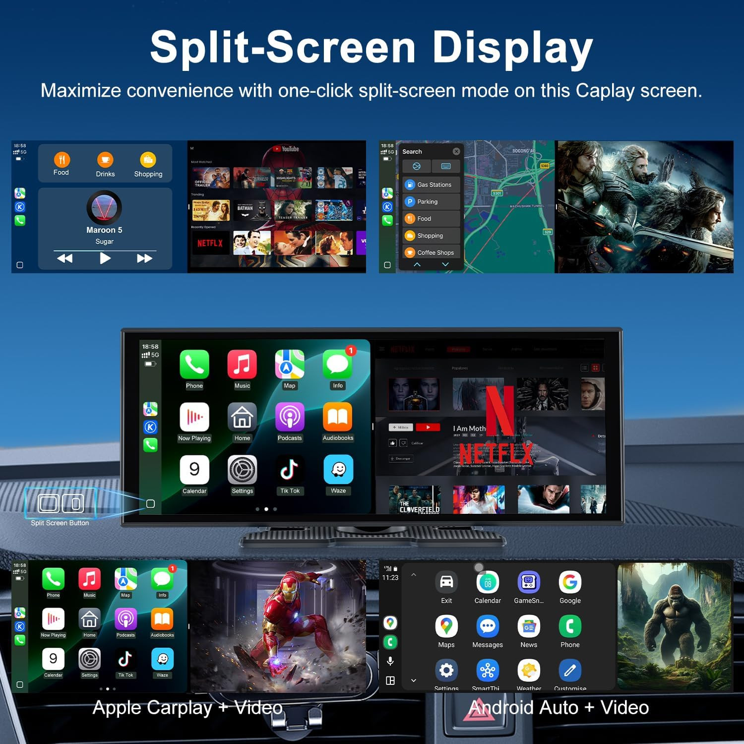 Upgraded 11″ Carplay Screen for Car, Built-In Net-Flix/Youtube/Tiktok and Other