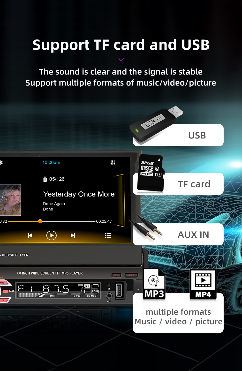 ESSGOO 7″ Single Din Car Stereo Wireless CarPlay Android Auto Radio Bluetooth FM