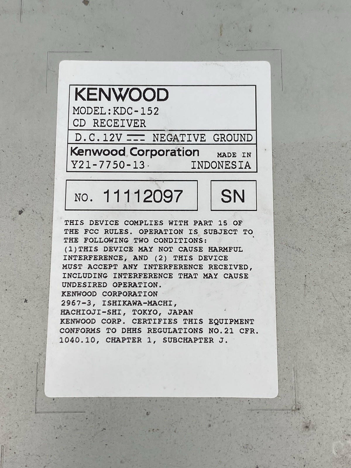 Kenwood KDC-152 AM/FM CD Mp3 Stereo Receiver with AUX Input And Remote UNTESTED