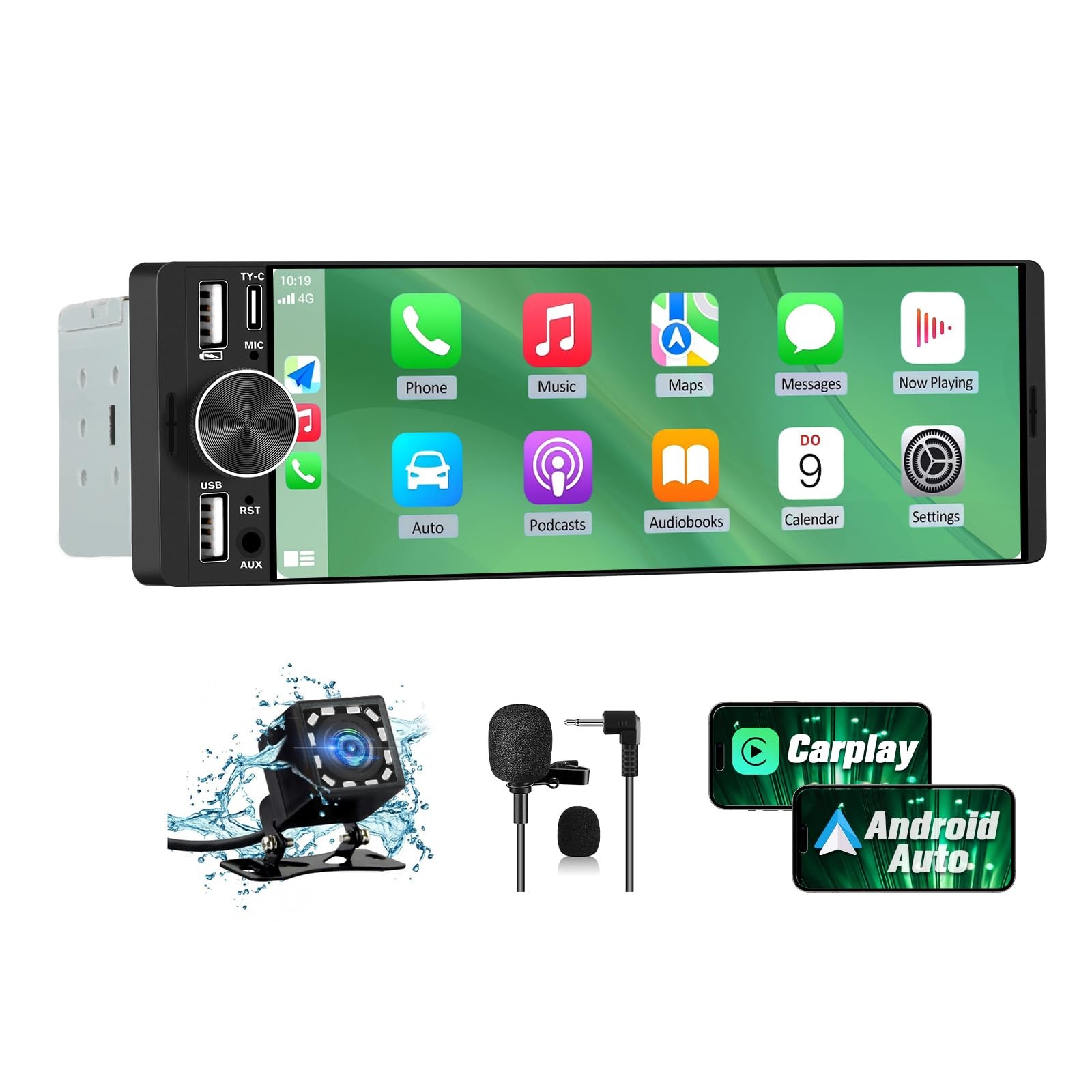 Pyniro 6.36″ Single Din Car Stereo with Wireless CarPlay & Android Auto, IPS…
