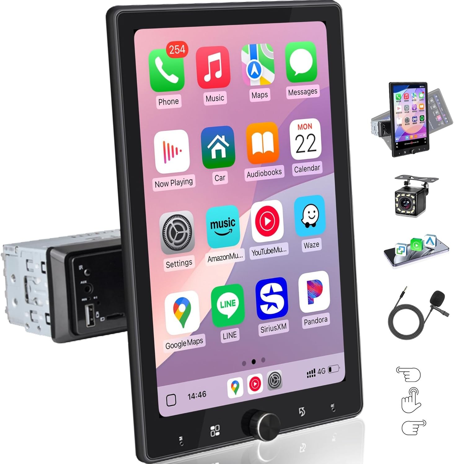 10.4” 1 Din Car Stereo Apple CarPlay Android Auto Rotatable Radio BT USB Cam