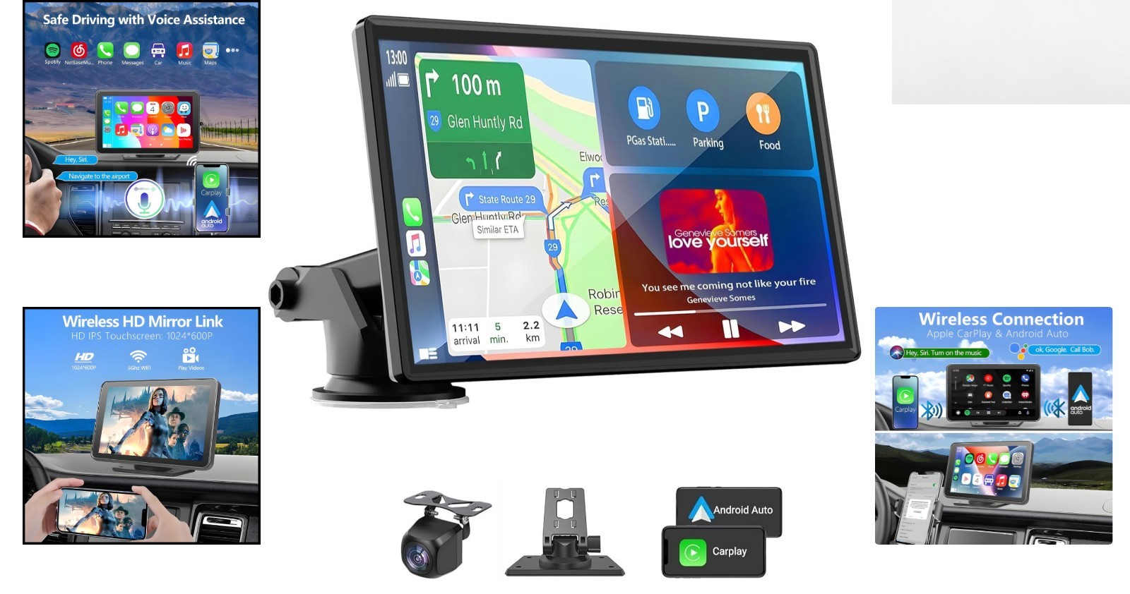 HD Portable Carplay & Android Auto Screen with Backup Camera – Universal Fit