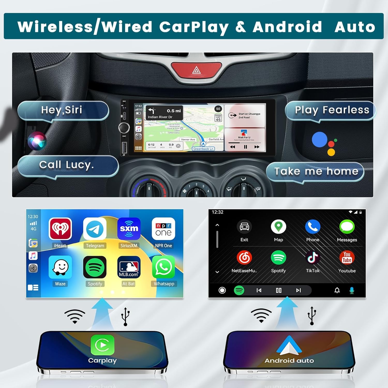 6.86″ Single Din Car Stereo Radio Apple CarPlay BT USB/Type-C FM +MIC & Camera