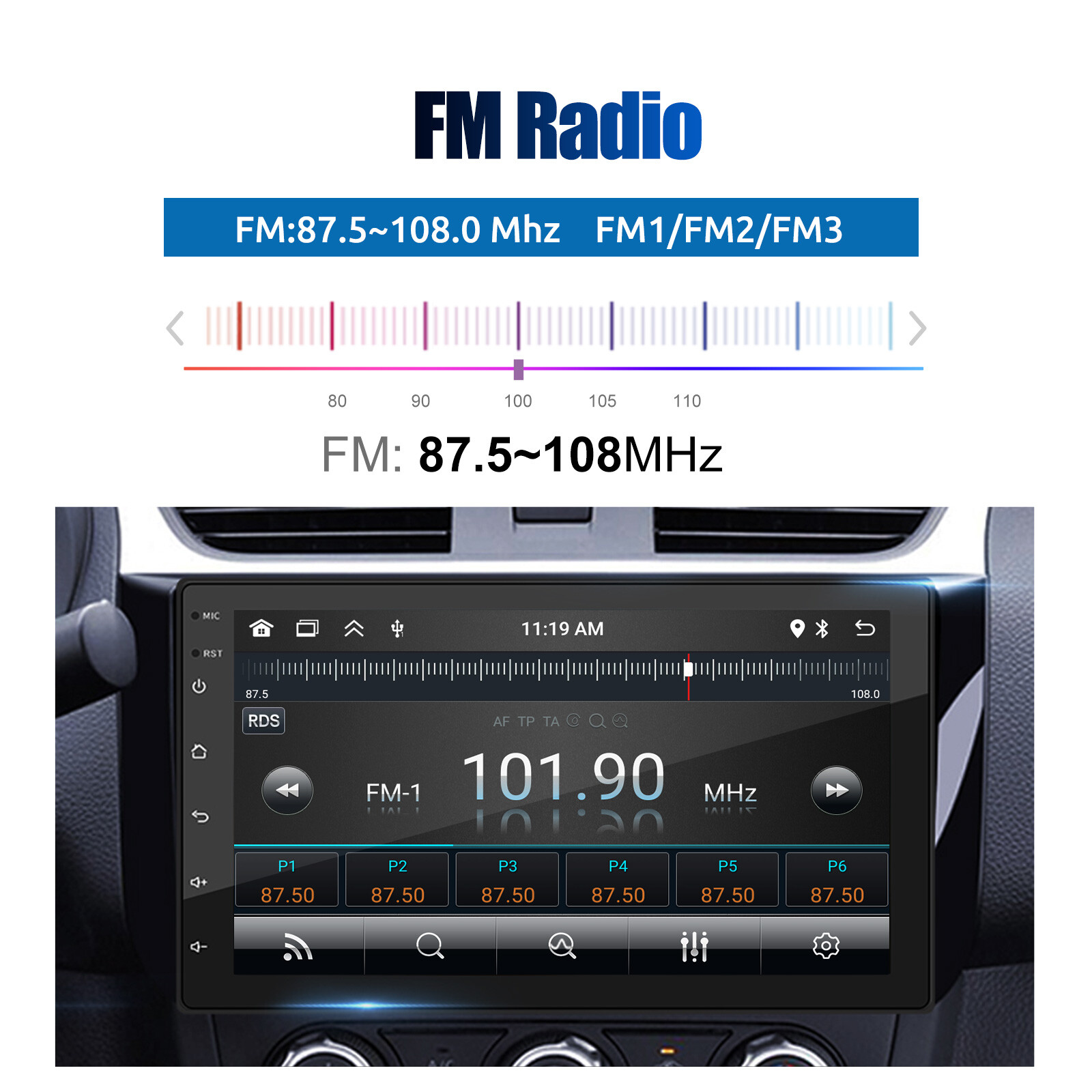 7 Inch 2 DIN 32G Android 14 Apple Carplay GPS NAVI FM RDS WiFi Bluetooth USB SWC