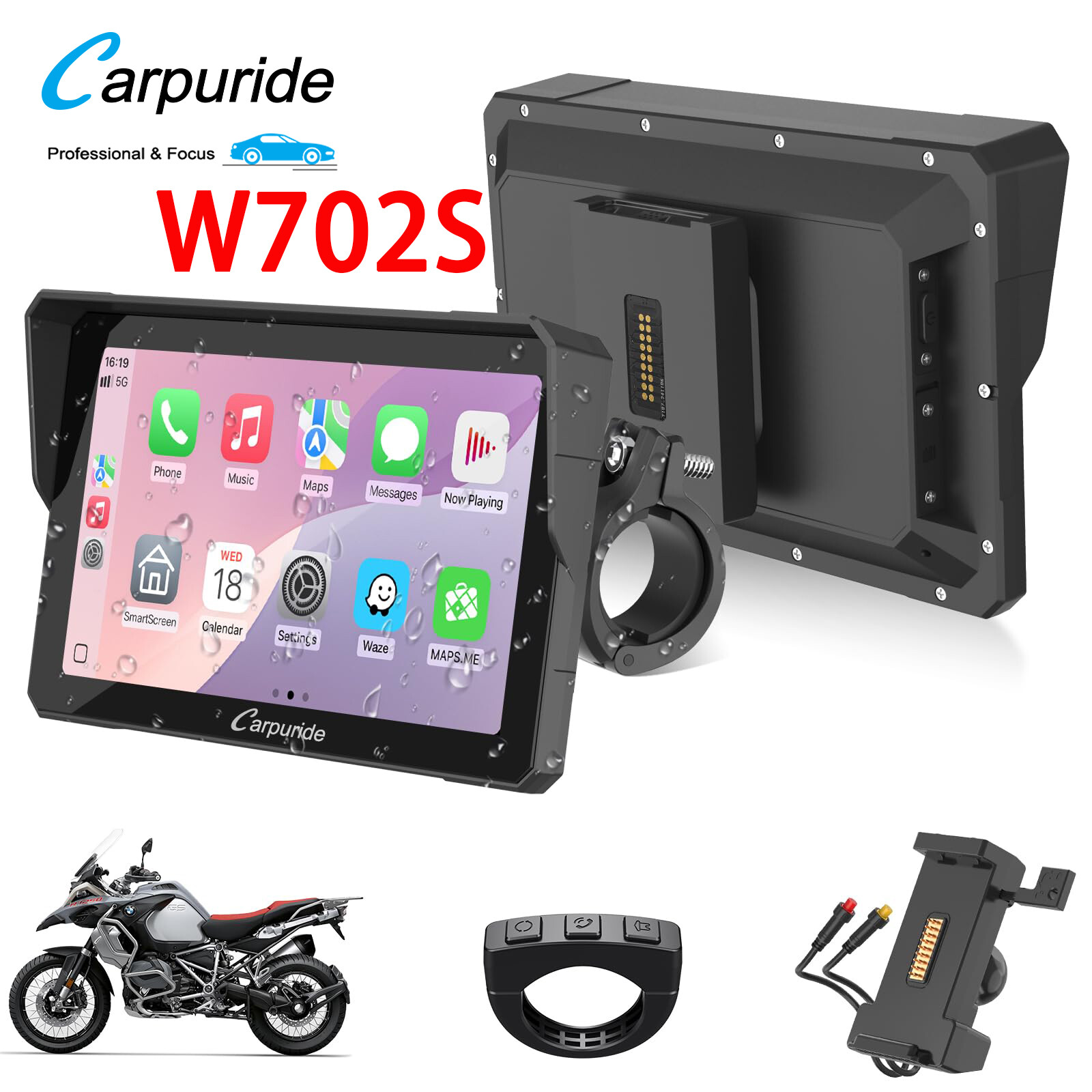 Carpuride W702S Moto Carplay Screen BMW BM05 Mount Android Auto Wired Controller