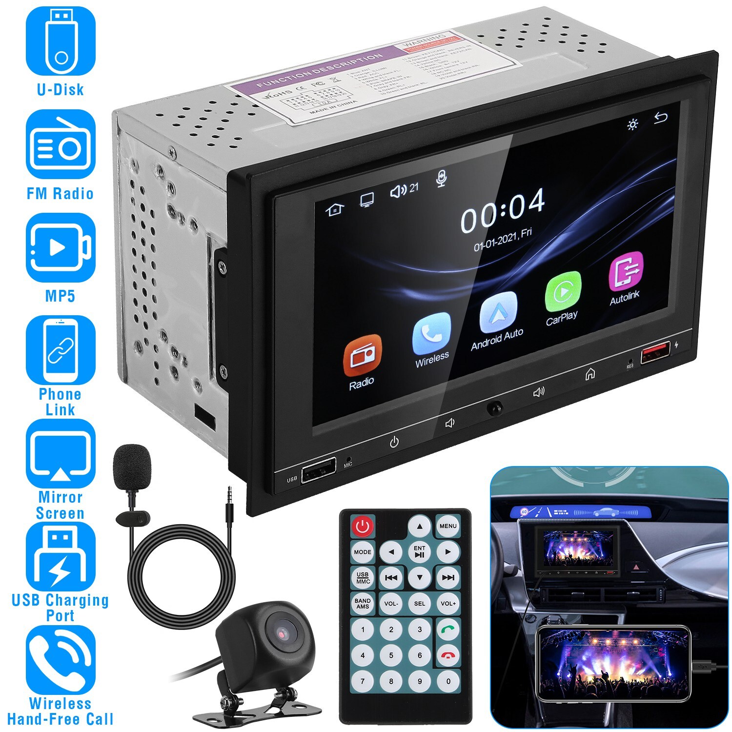 Car MP5 Player Stereo Radio Wireless USB/AUX/FM Touch Screen Rear Camera Remote