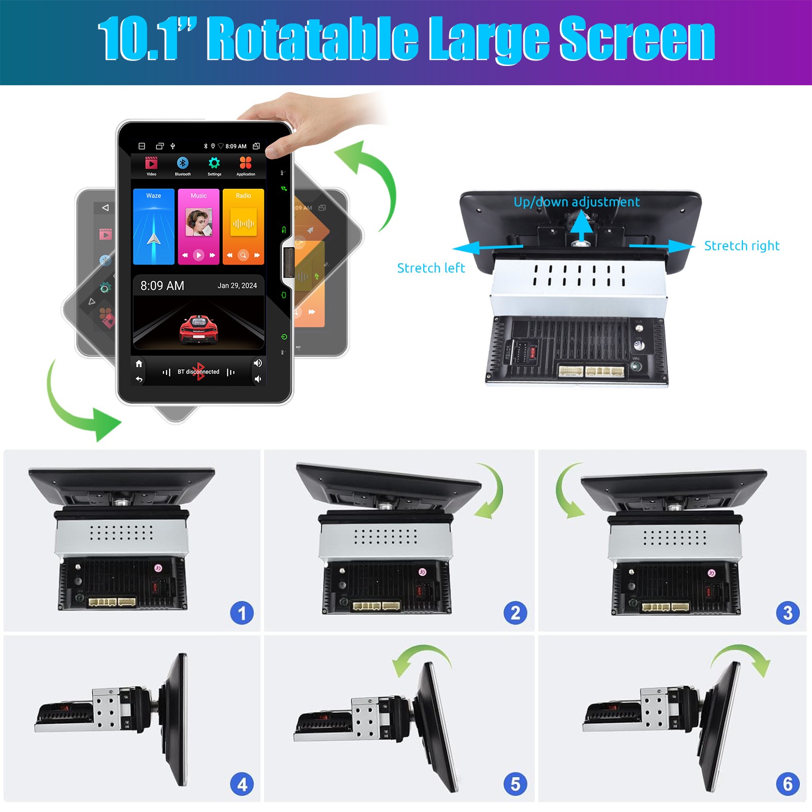 10″ 1 Din Car Stereo with CarPlay and Android Auto Rotatable Touch Screen Radio