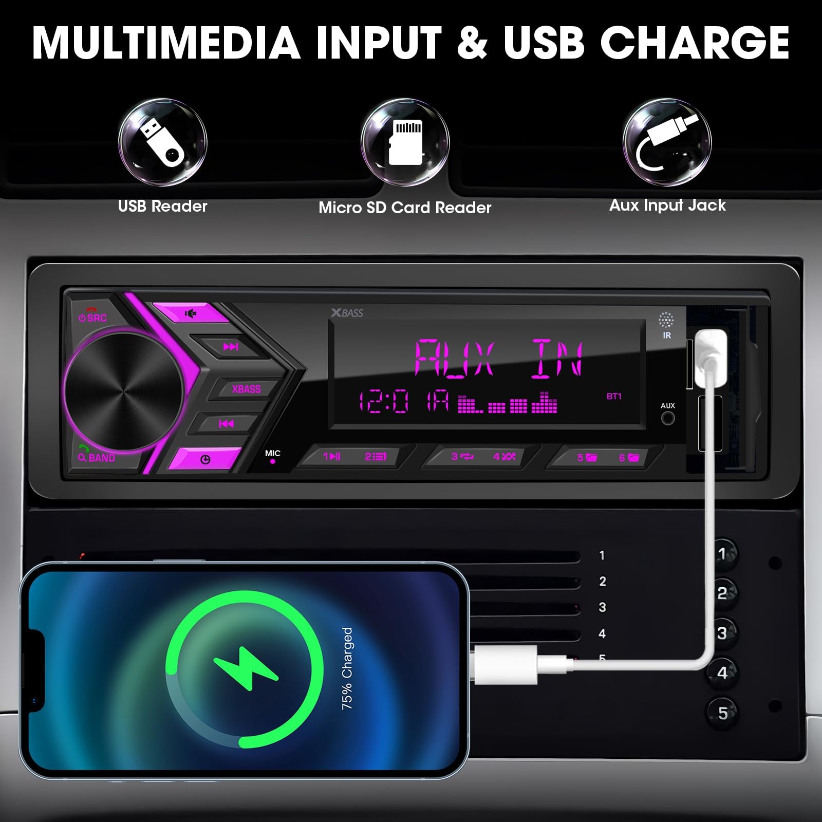Single Din Car Stereo Bluetooth 1-Din Radio MP3 Player LCD AM FM USB SD AUX 300W