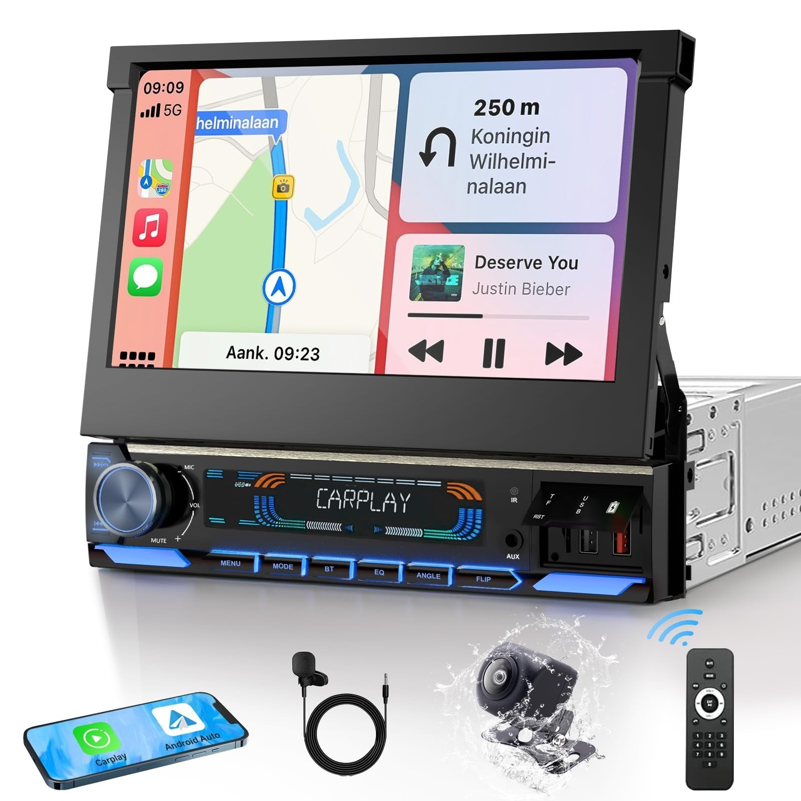 7-Inch HD Flip Out Car Stereo, Wireless Apple CarPlay & Android Auto, Bluetooth