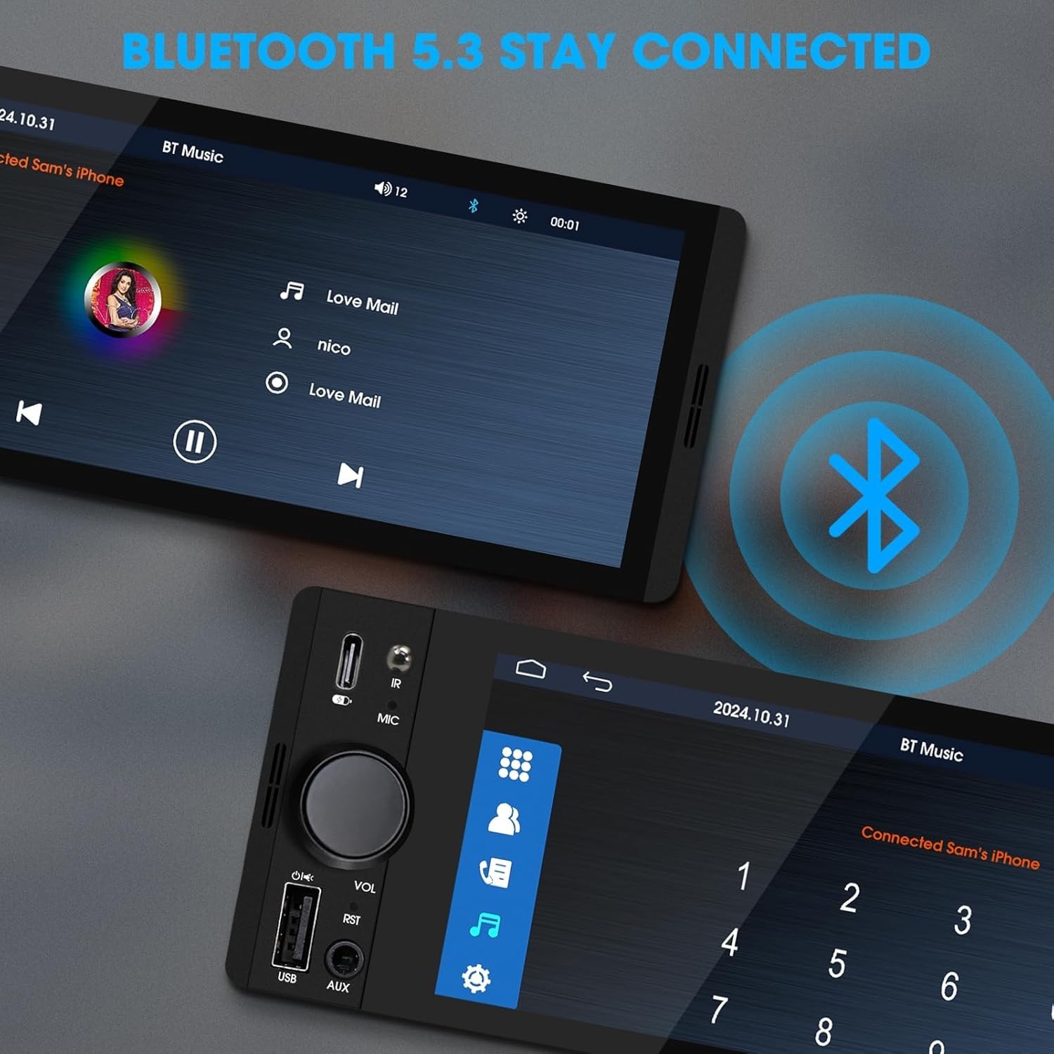 Bluetooth 5.3 Single DIN Car Stereo – CarPlay, Android Auto & Voice Control