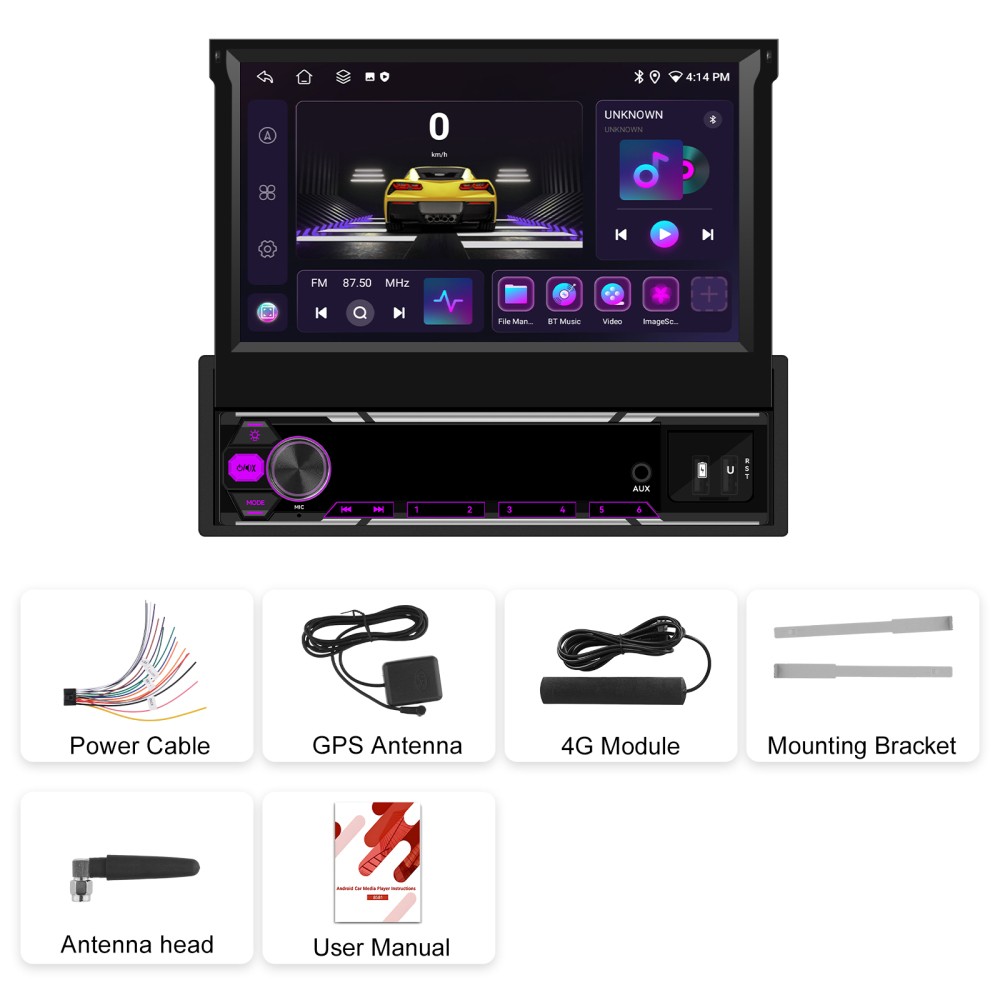 7″ 4G+64GB Car Stereo Radio 1 DIN CarPlay 8 Core Android 15 GPS Flip Out Screen
