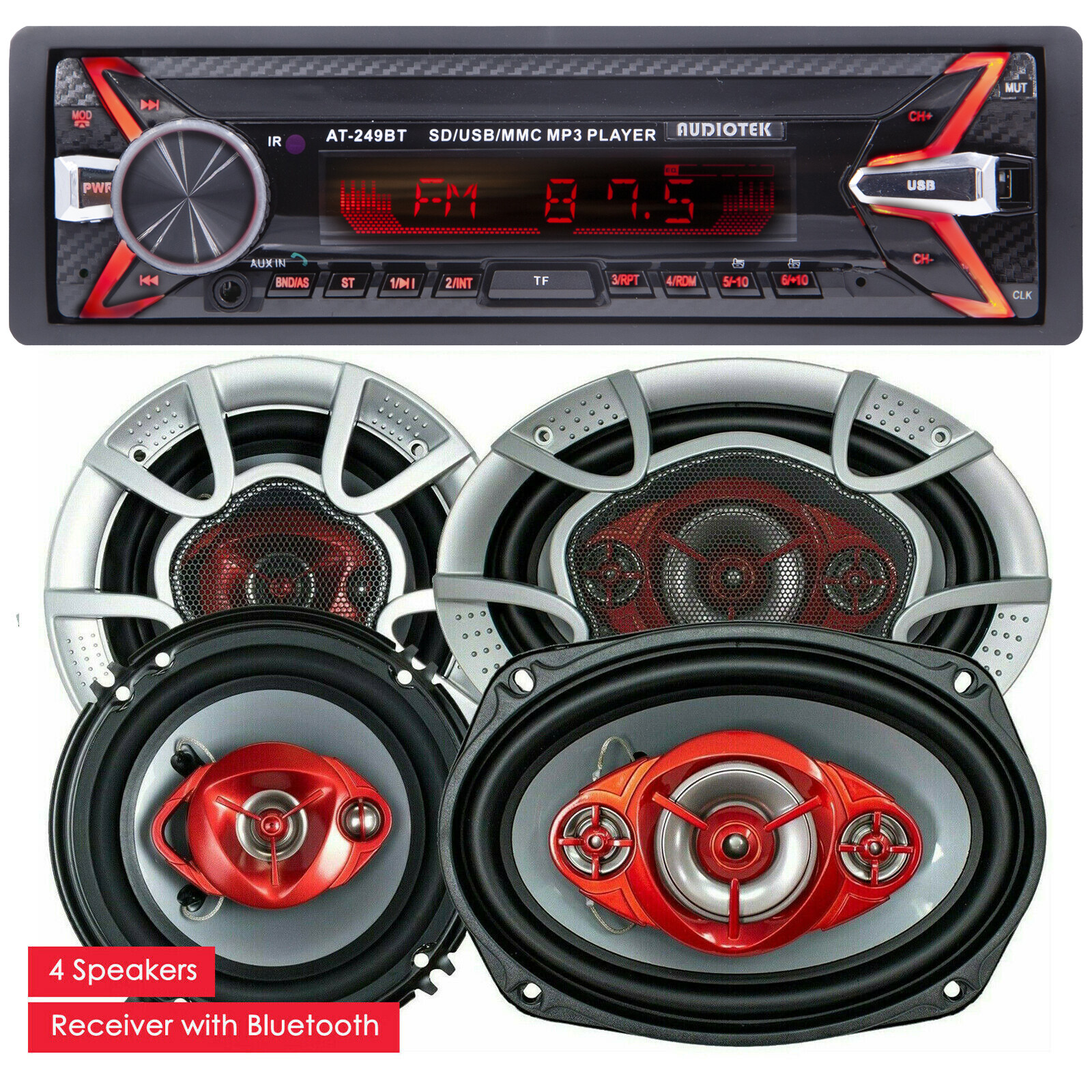 1 DIN Media Car Receiver USB, SD, AUX Work w/ Bluetooth and 6×9″ + 6.0″ Speakers