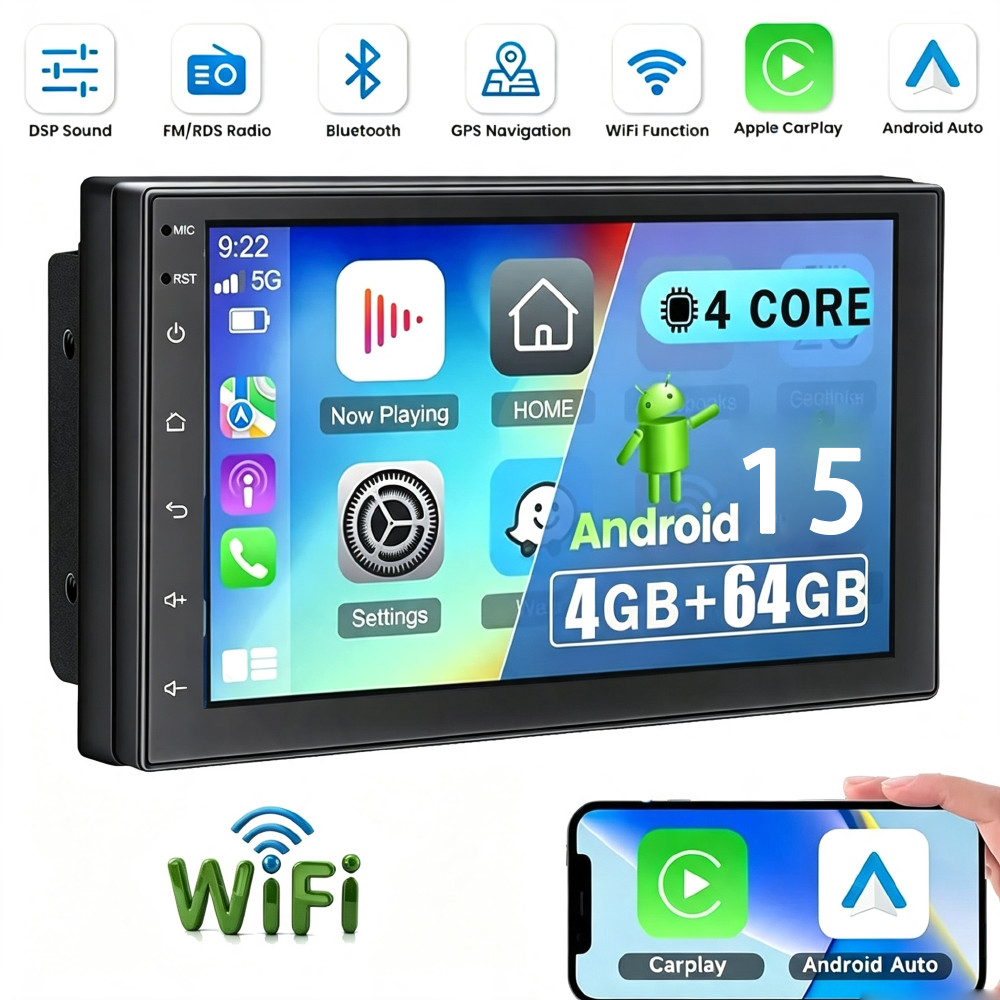 CarPlay 7″ Double 2 DIN Android 15 Car Stereo USB WIFI GPS Navi 4+64GB SWC FM BT