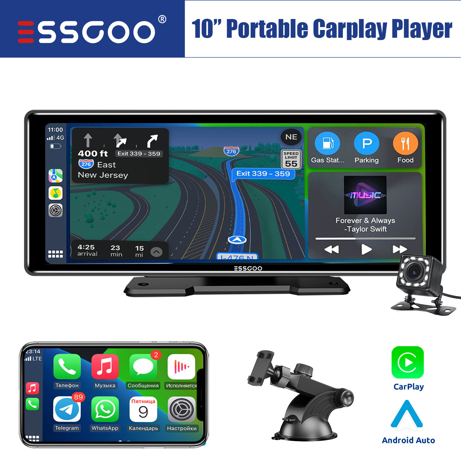10 inch Car Radio Stereo Portable CarPlay Android Auto Player IPS Screen +Camera