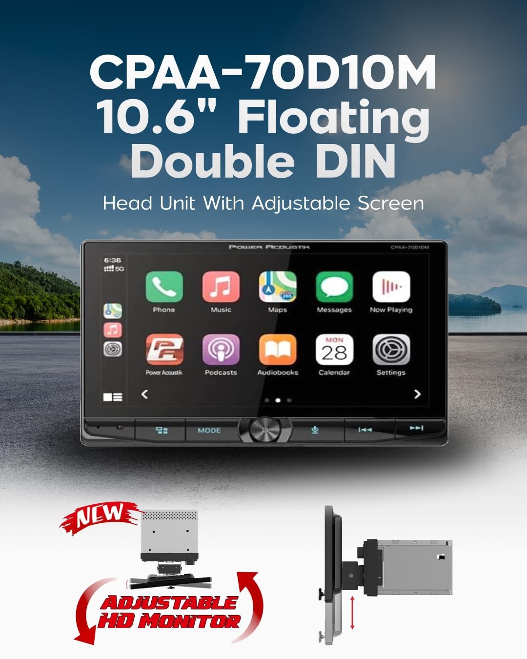 Power Acoustik 10.6 Inch Floating Double Din Media Receiver With Carplay Auto