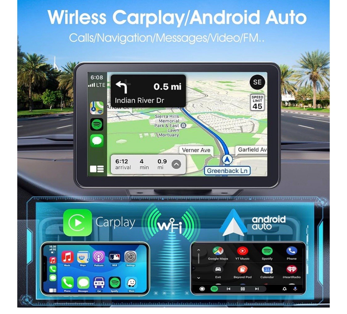 Portable Wireless Car Stereo, 7″ HD Touchscreen CarPlay Android Camera Mirroring