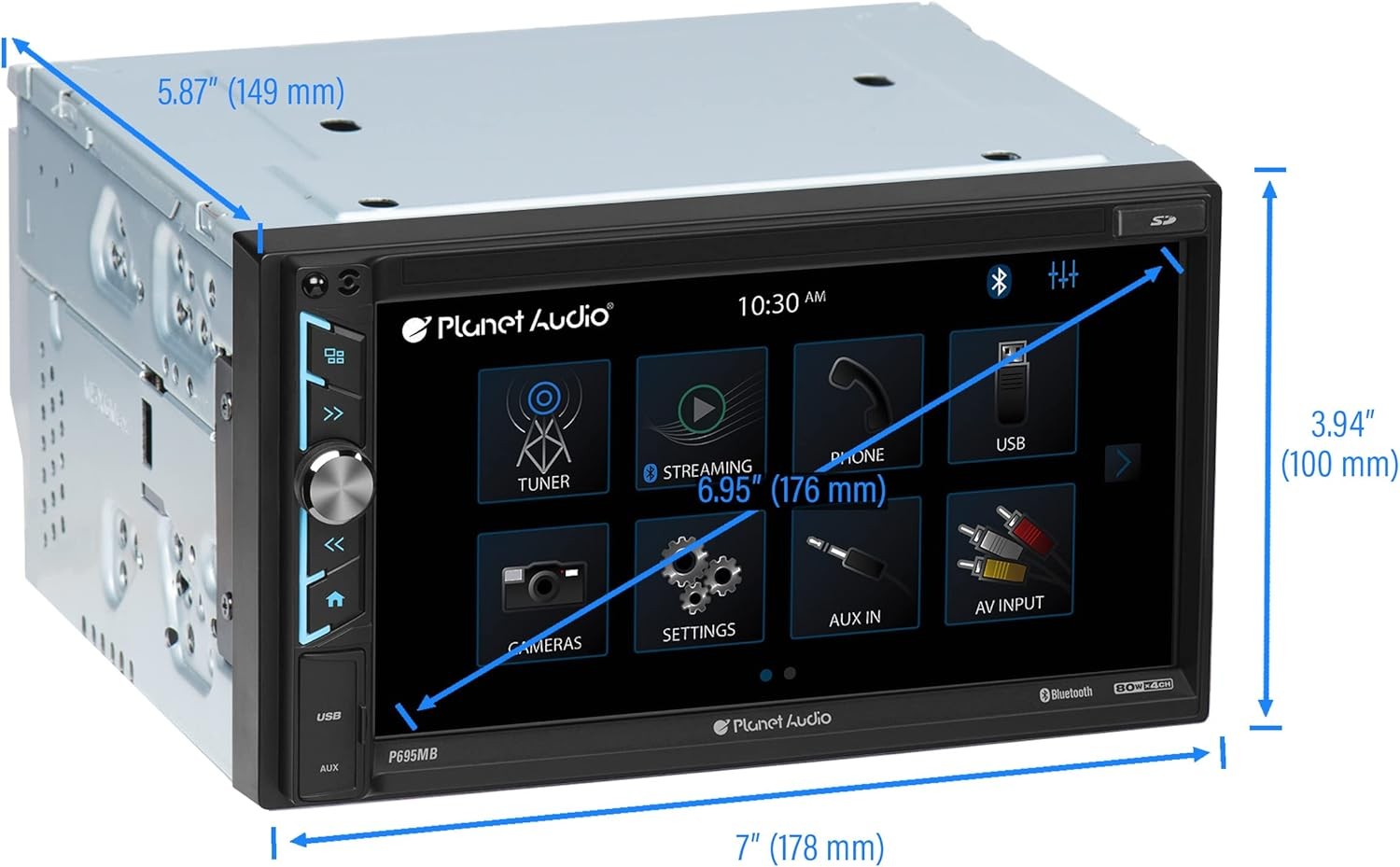 Planet Audio 2 DIN 6.95-inch Mechless Car Head Unit with Bluetooth (No CD/DVD)