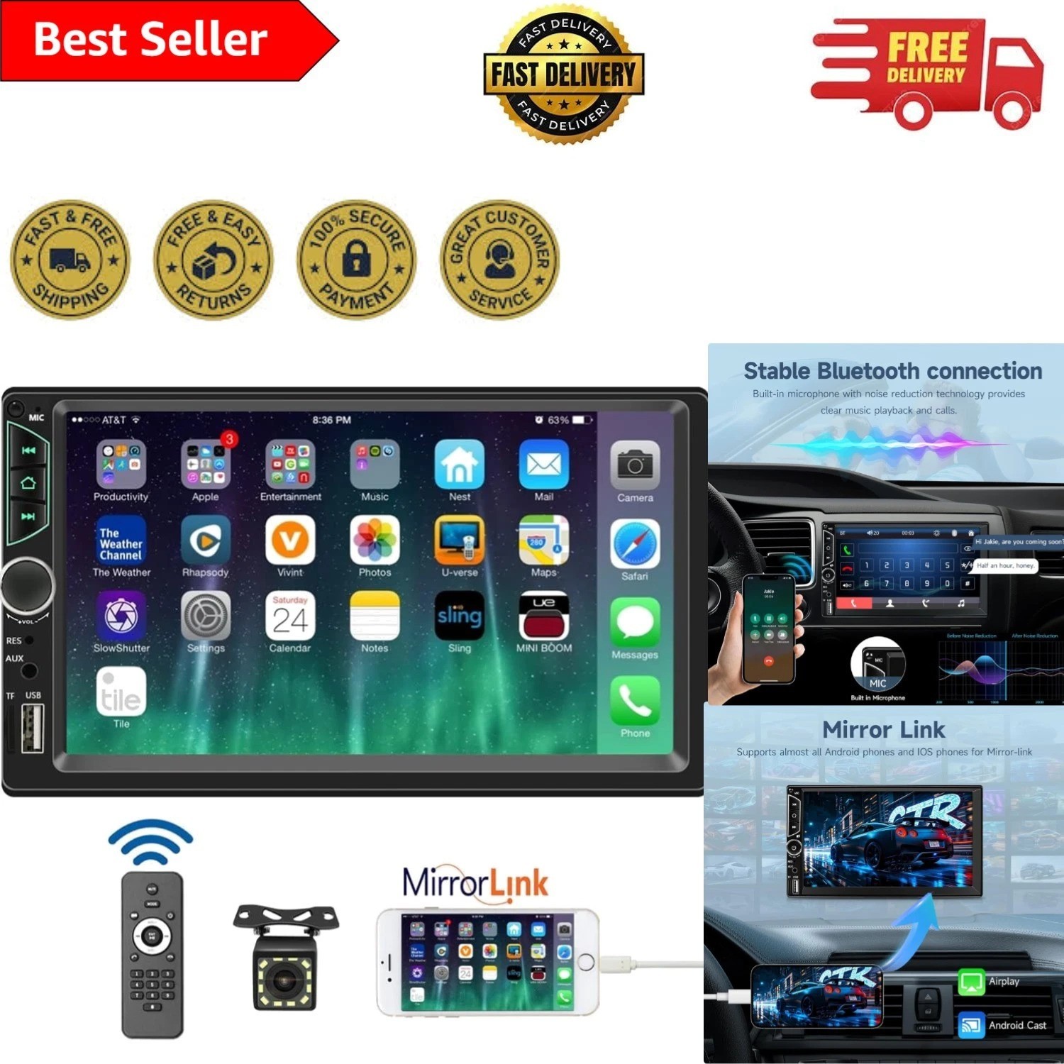 7 Inch HD Touchscreen Car Stereo with Bluetooth & Hands-Free Calling Features