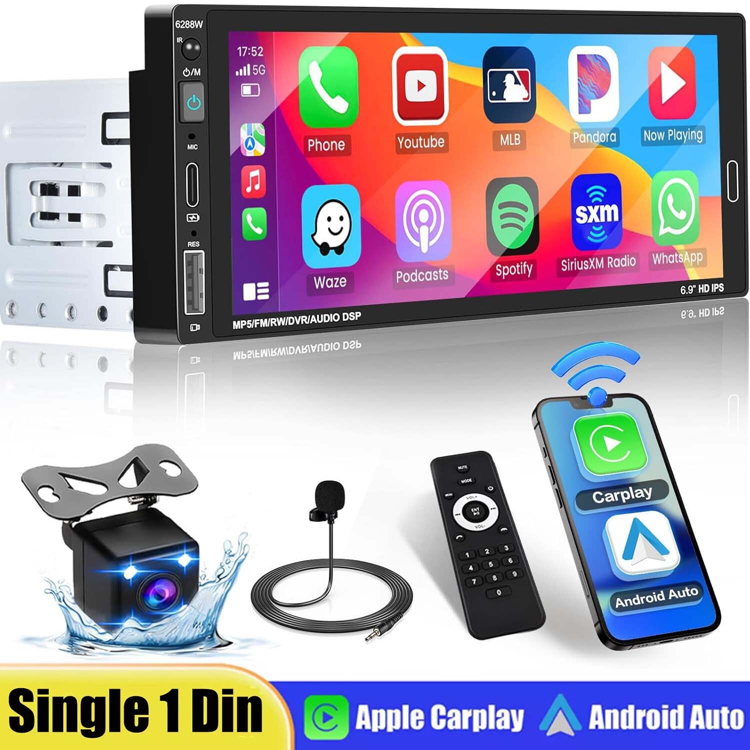 Single 1 Din Car Stereo Radio GPS For Apple/Android CarPlay 6.9″ Touch Bluetooth