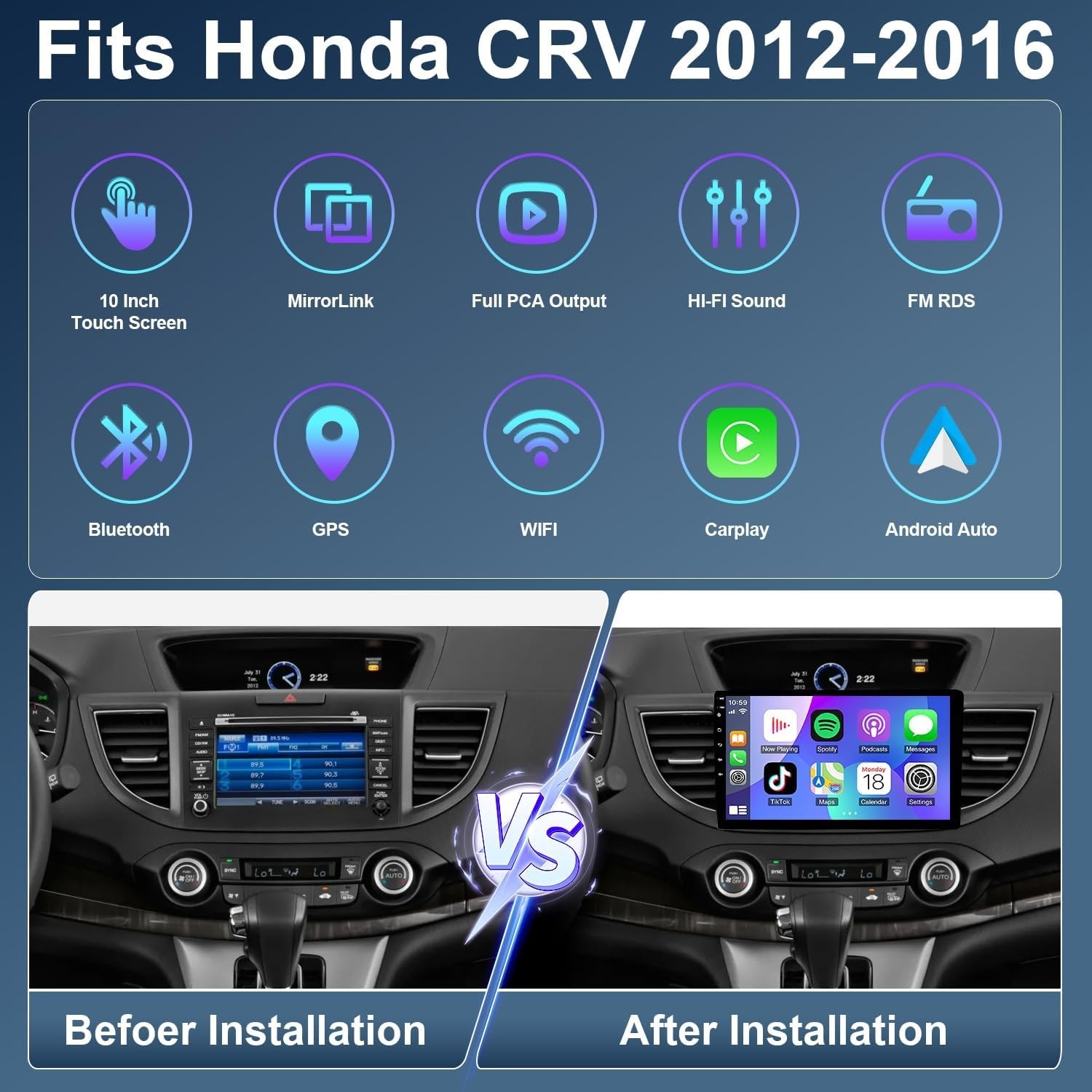 1280*800 For Honda CRV 2013-2016 Car Screen Carplay With Bluetooth Auto GPS 32G