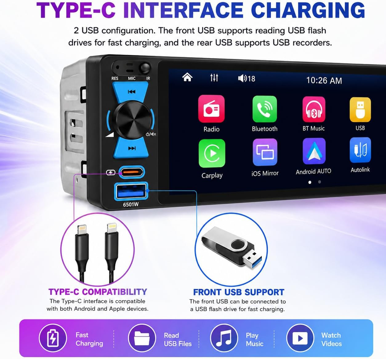 Single Din Car Stereo, 6.5 Inch In-Cell Touch Screen, Wireless Apple Carplay And
