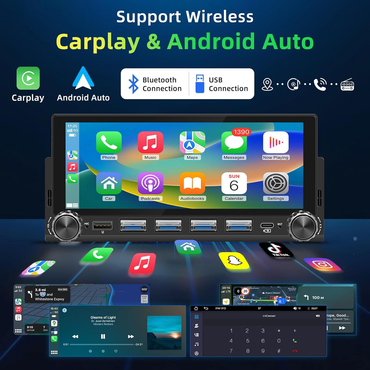 6.86″ Wireless Single Din Touchscreen Radio Apple Carplay Android Auto, Single D