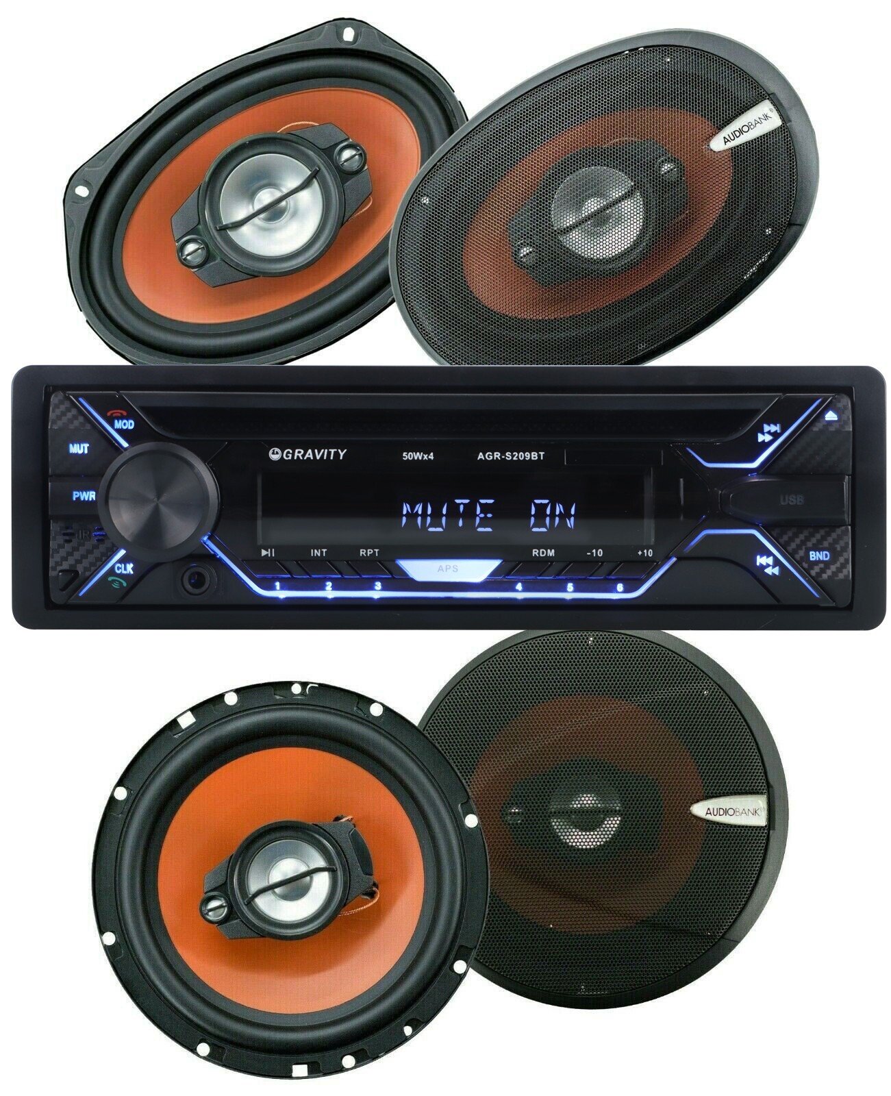 Gravity 1-Din Car Stereo Bluetooth AM FM USB Receiver + 4x 6.5″ & 6×9″ Speakers