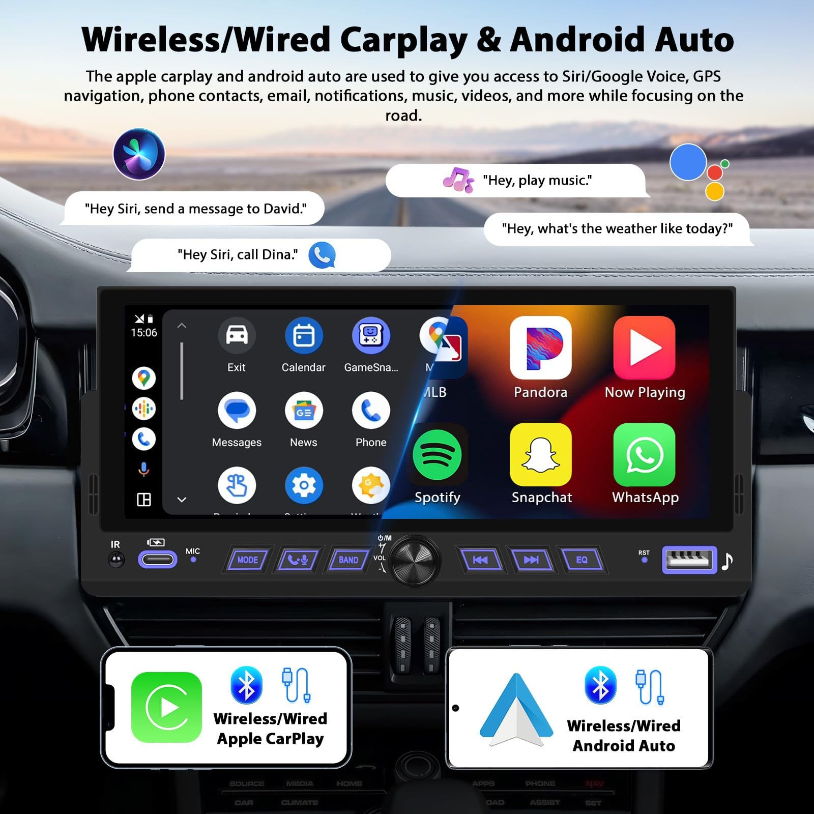 6.86″ Wireless Carplay Car Stereo Single Din Touchscreen Radio Android Auto B…